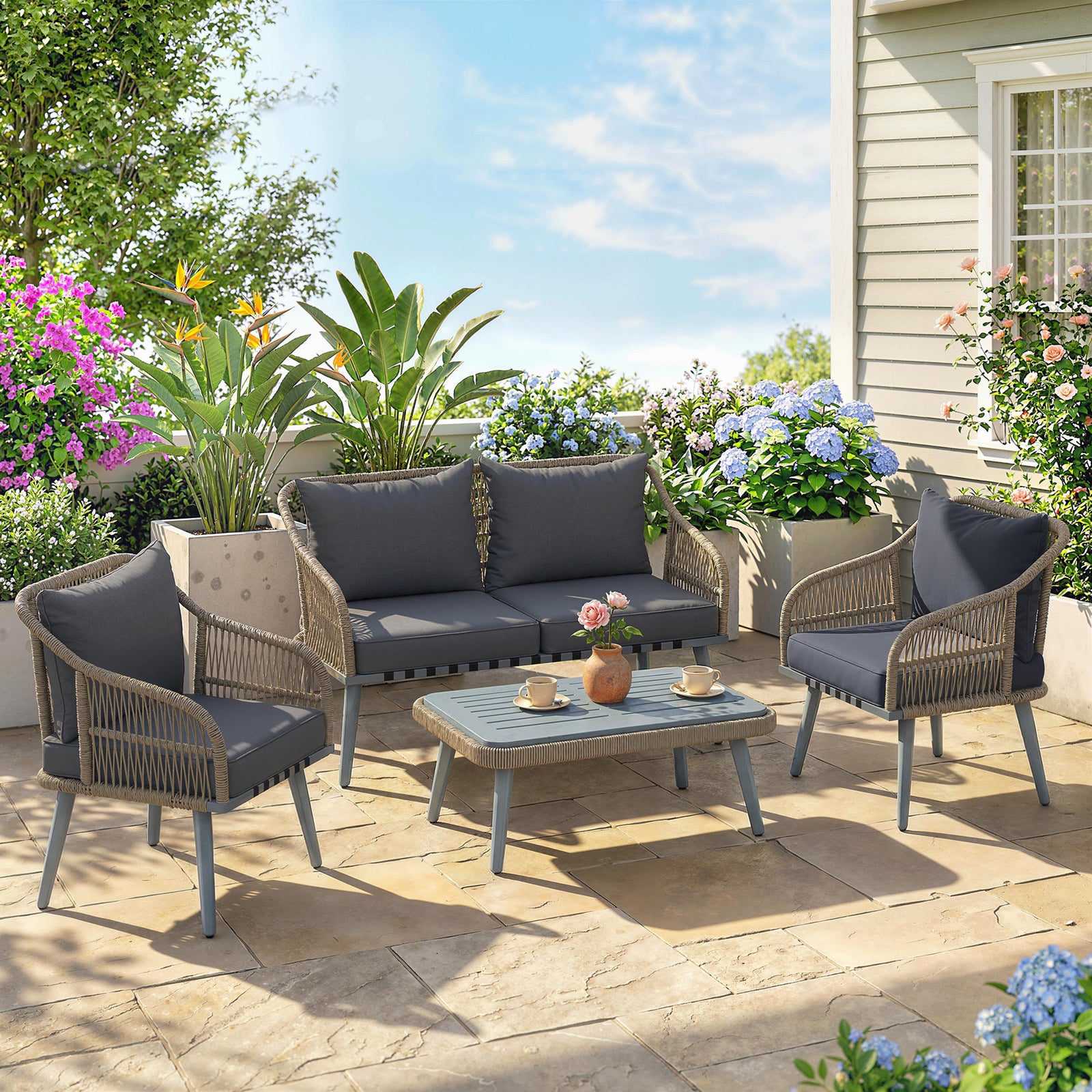 4 Piece Rattan Garden Furniture Set W/ Thick Cushions | Grey