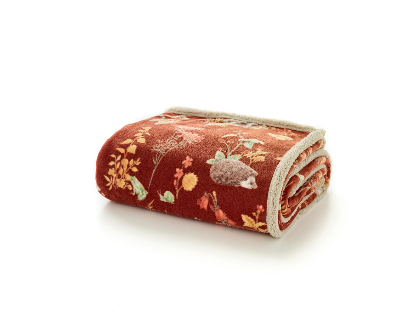 Autumnal Woodland Throw Rust – Sherpa Lined Woodland Animal Blanket 130x170cm | 130cm x 170cm | Rust
