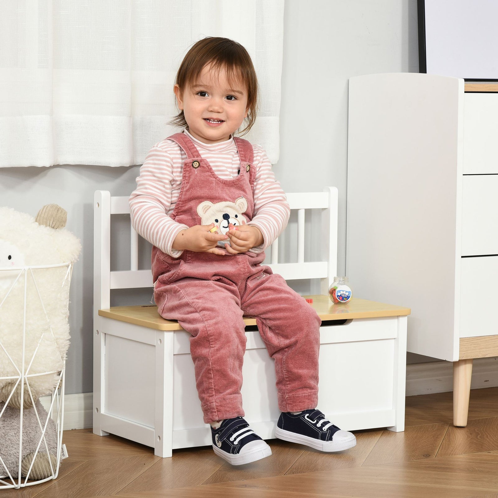 2 In 1 Wooden Toy Box, Seat Bench Storage Chest W/ Pneumatic Rod | White