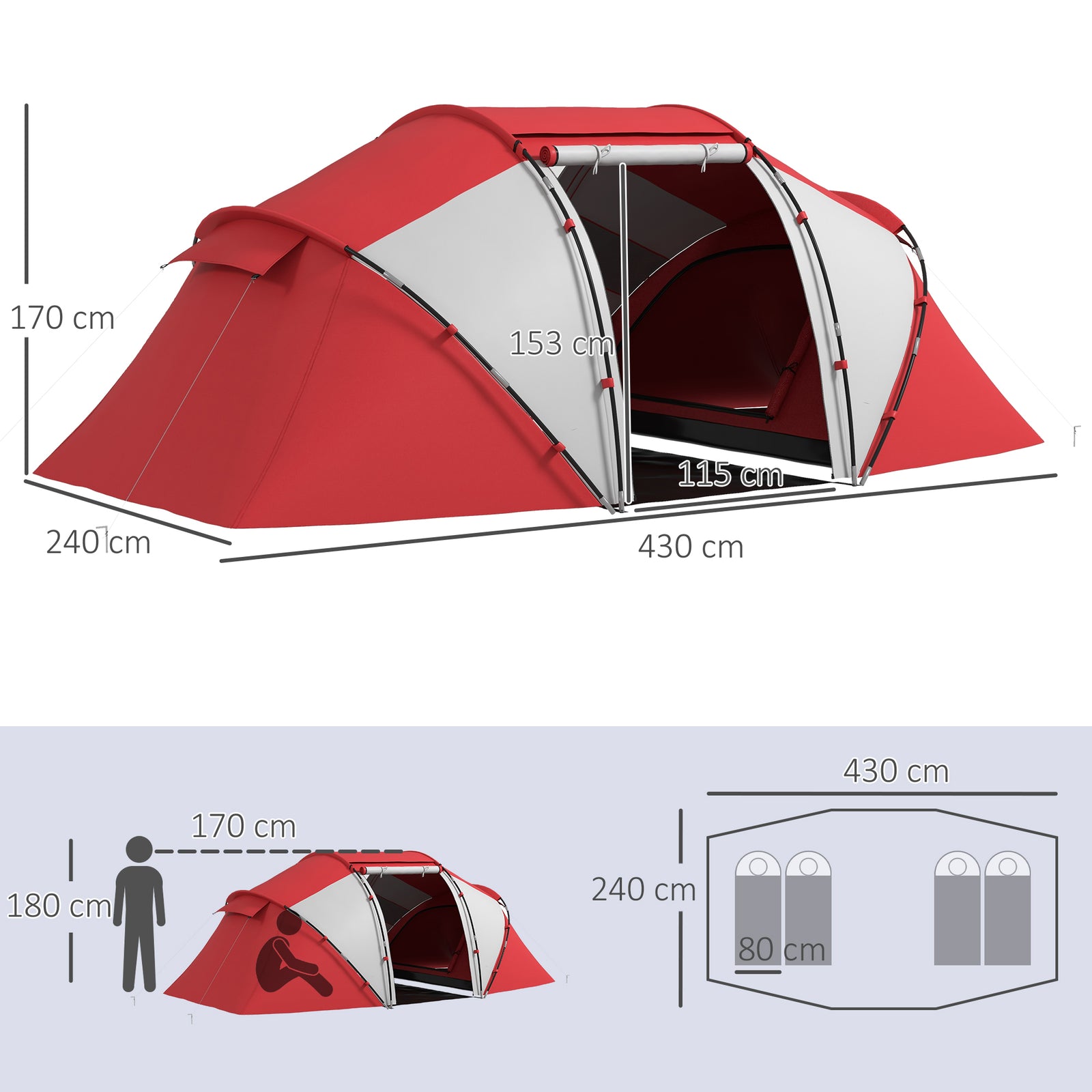 4-6 Persons Camping Tent Dome Family Travel Group Hiking Room Fishing | Grey & Red