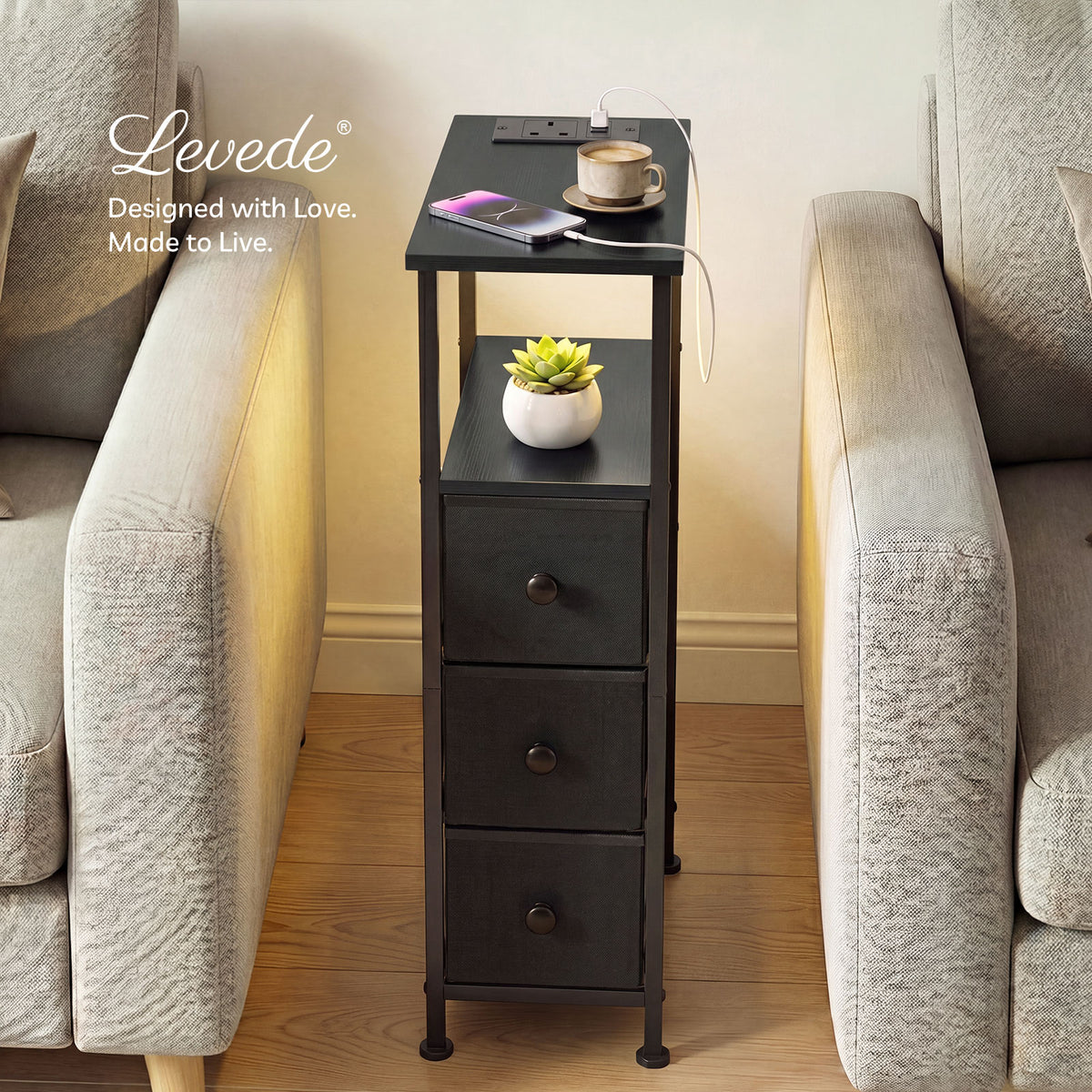 Slim Bedside Table With Charging Station 3 Drawers For Bedroom Black | Black