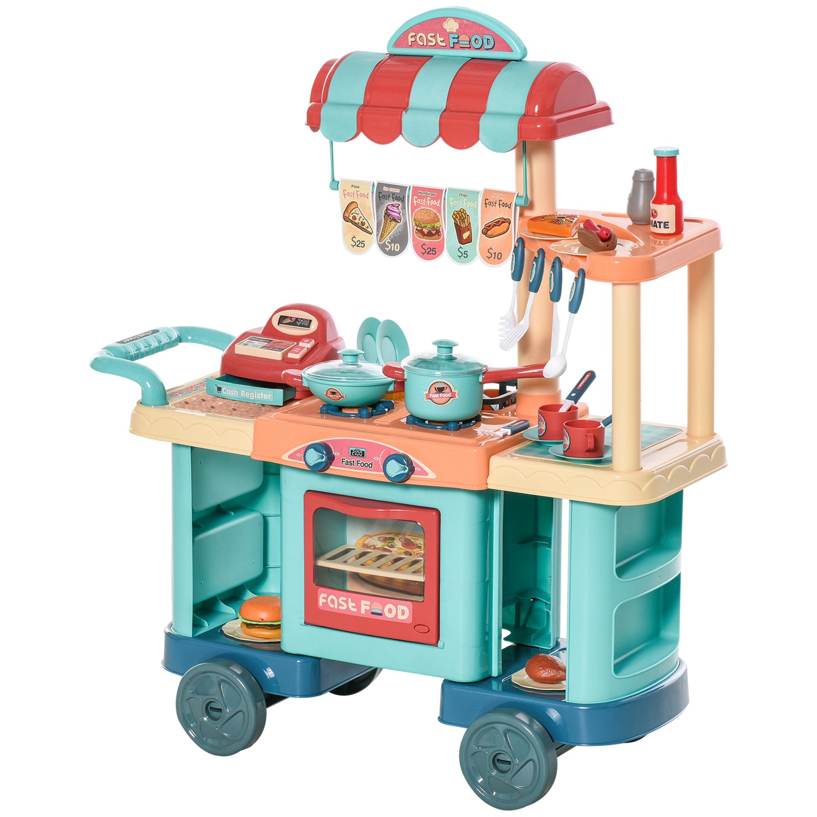 50 Pcs Kids Kitchen Play Set Pretend Trolley Cart For Age 3-6