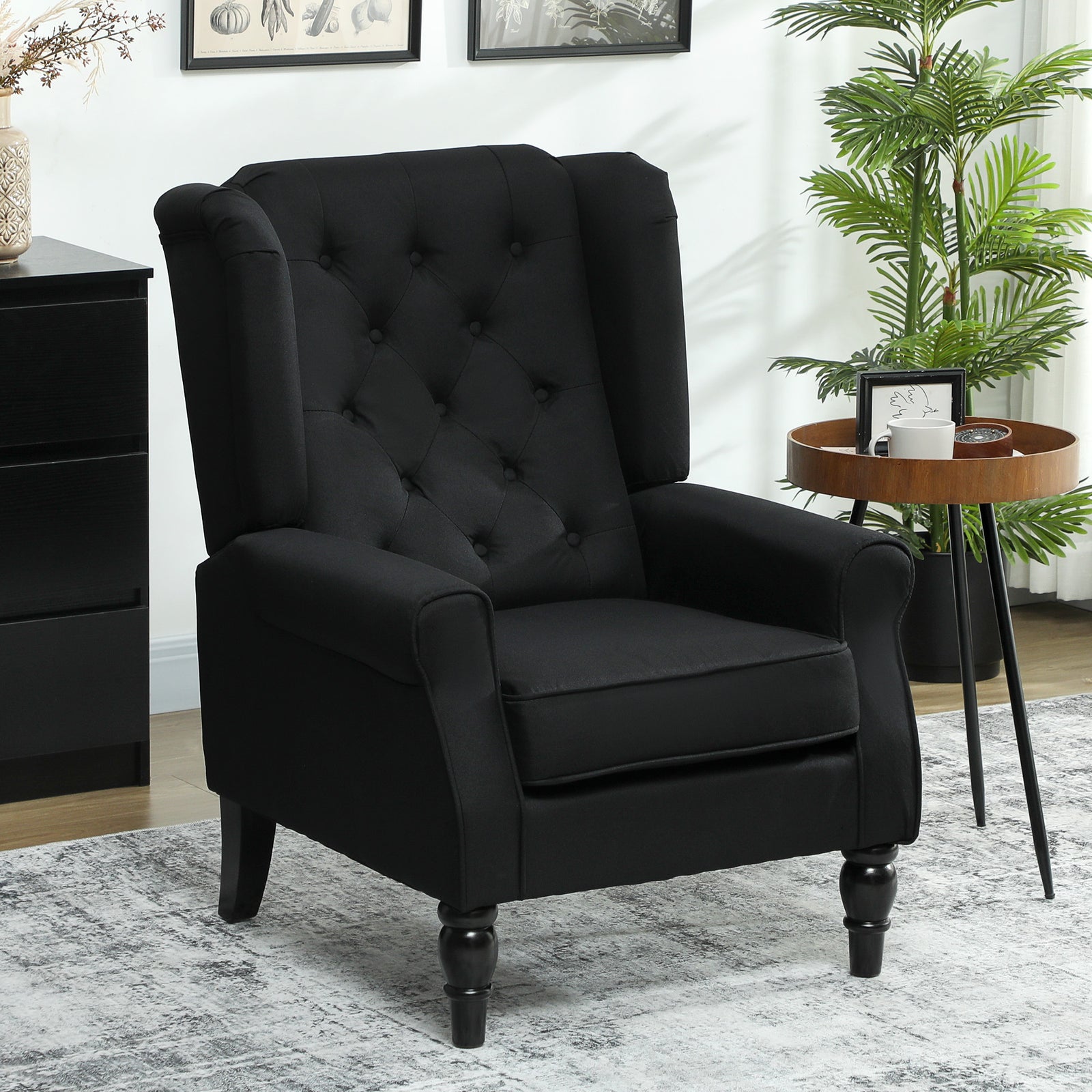 Accent Chair Wingback Armchair Retro Tufted Club Wood Fabric | Black