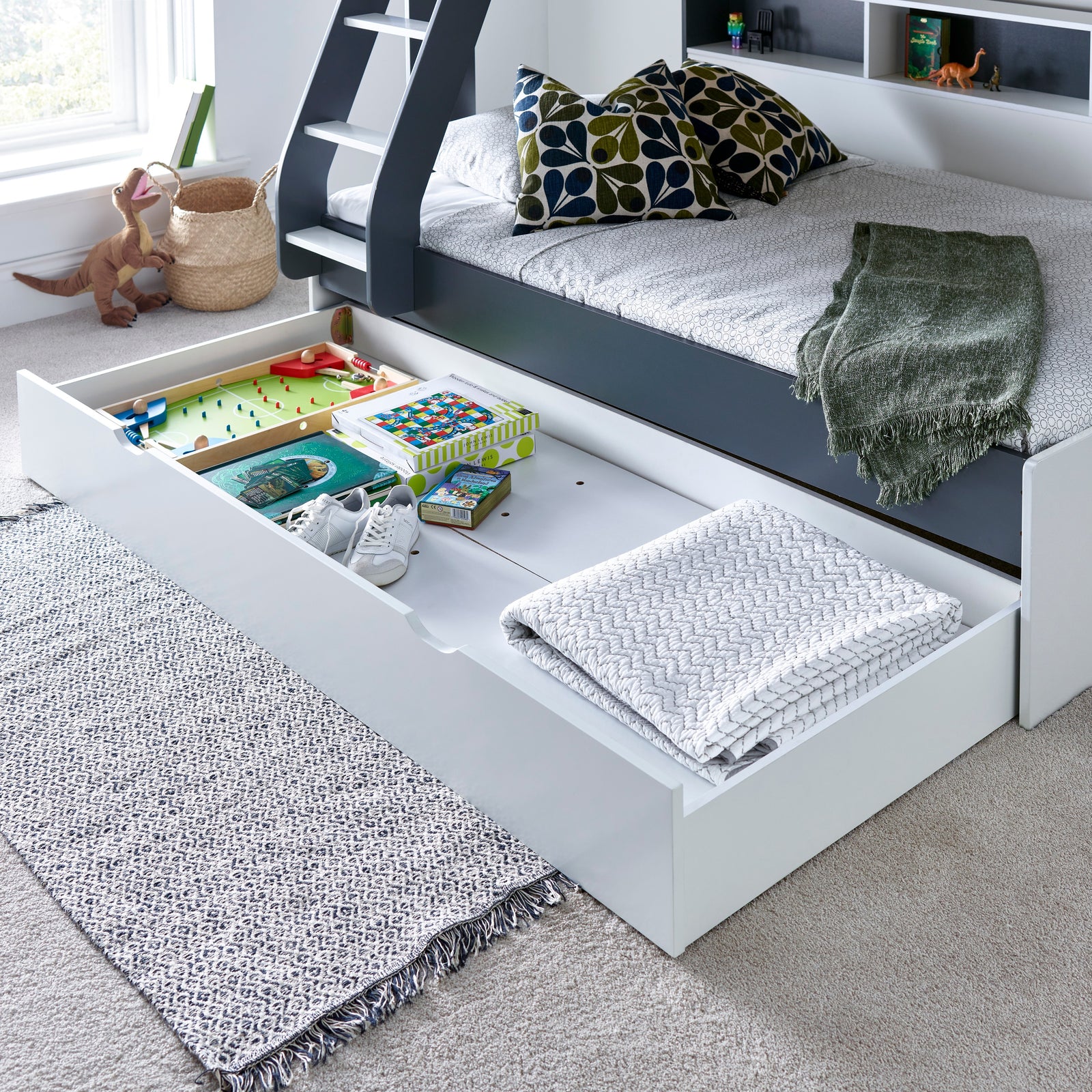Oliver Triple Sleeper Storage Bunk Bed With Drawer With Memory Foam Mattresses | Small Double | Grey & White