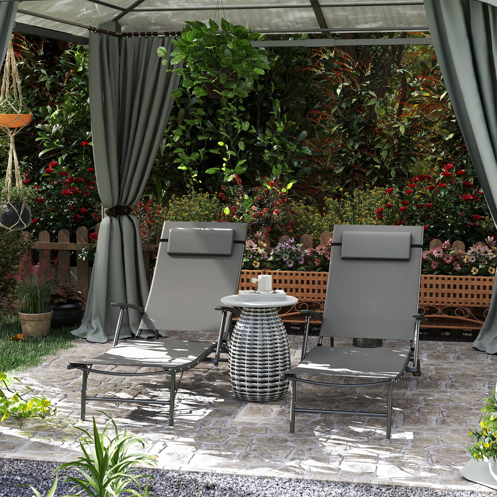 Set Of 2 Garden Sun Loungers, Folding Chaise Lounge Chairs | Gray