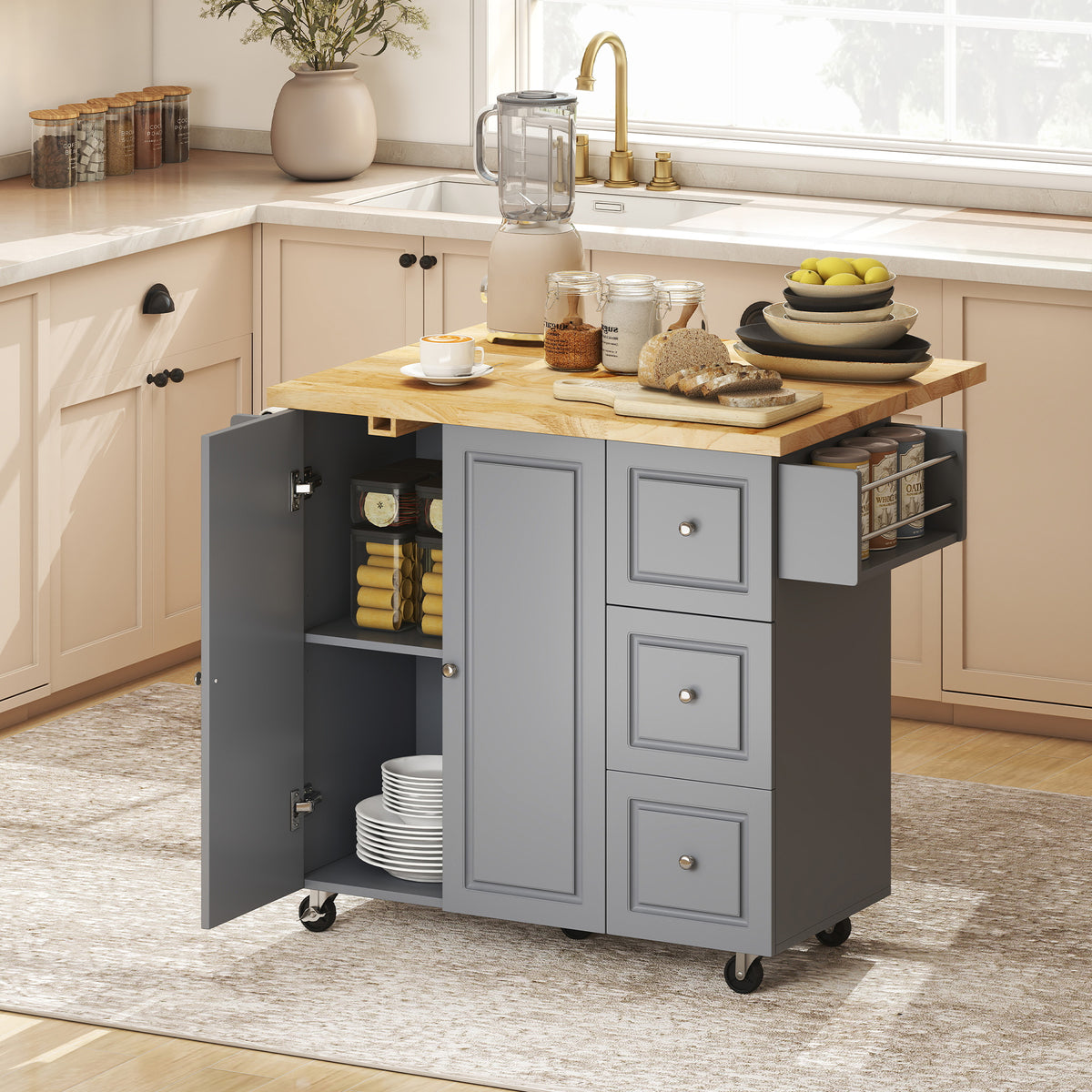 HOMCOM Rolling Kitchen Island, Kitchen Storage Trolley W/ Drop Leaf, Drawers