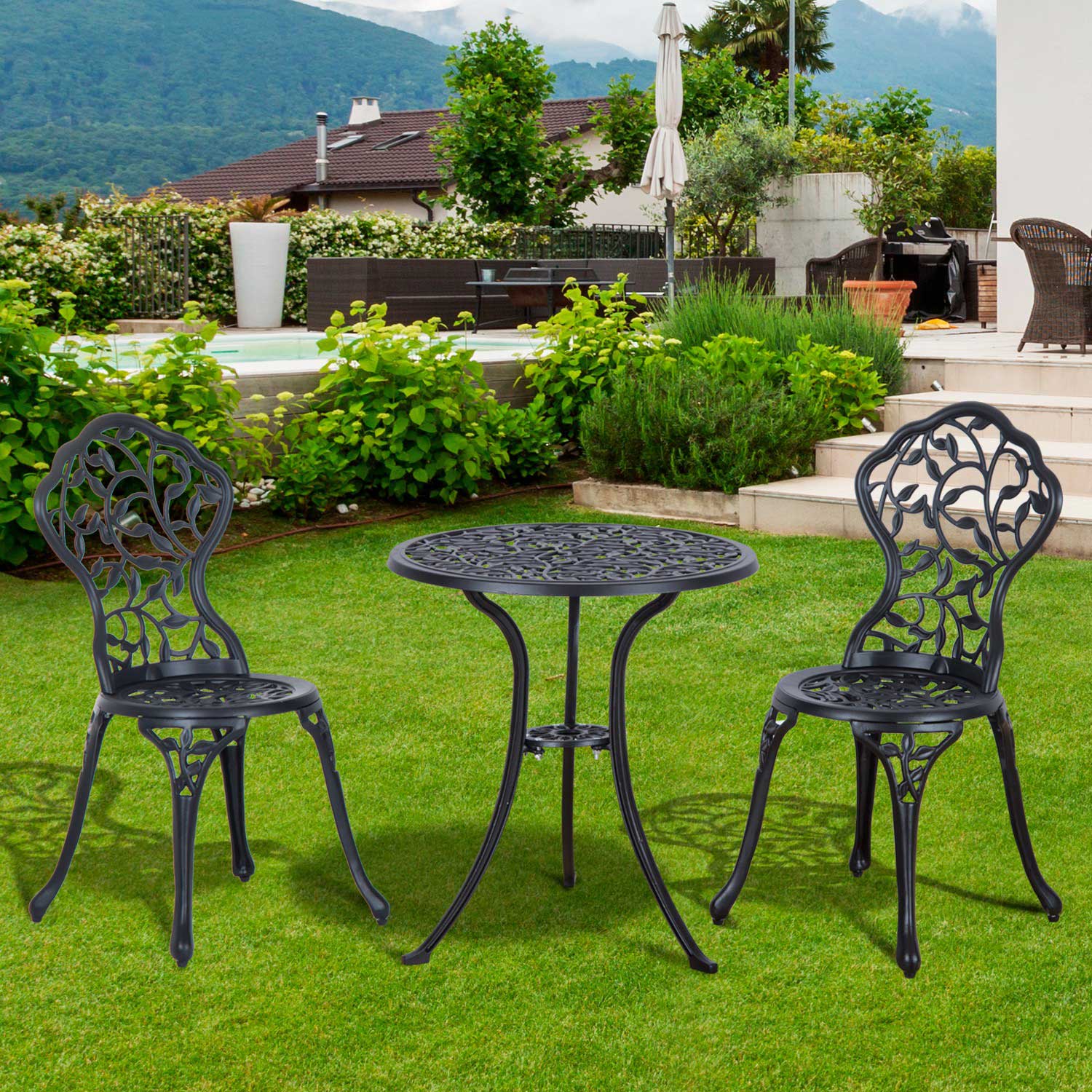 Bistro Set Garden Coffee Table Chair Outdoor Dining Set | Black
