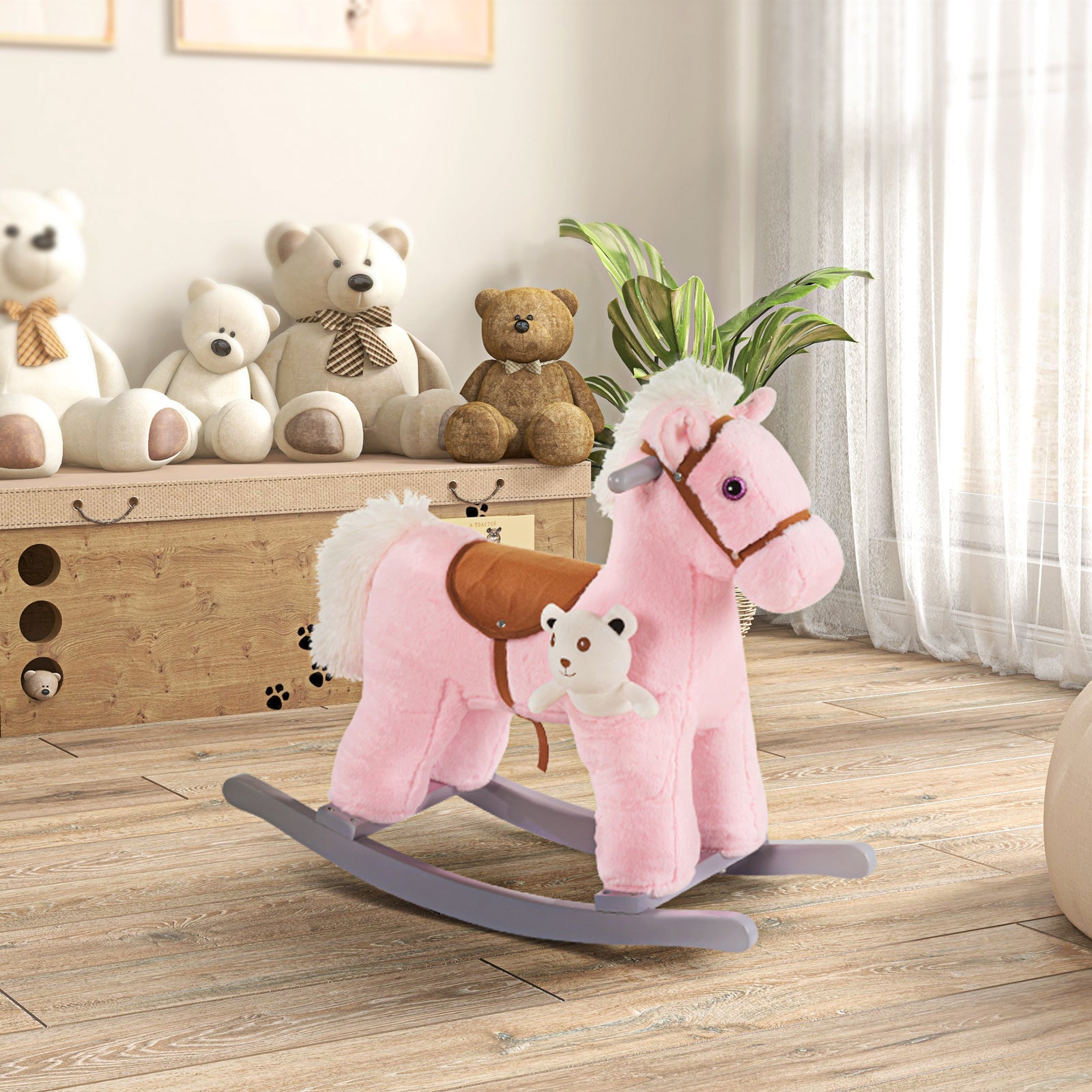 Kids Plush Ride-on Rocking Horse With Plush Toy Sound Handle Grip | Pink