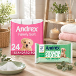Andrex Gentle 2-ply Toilet Paper 24 Rolls + Ultra Care Washlets 12 Pack