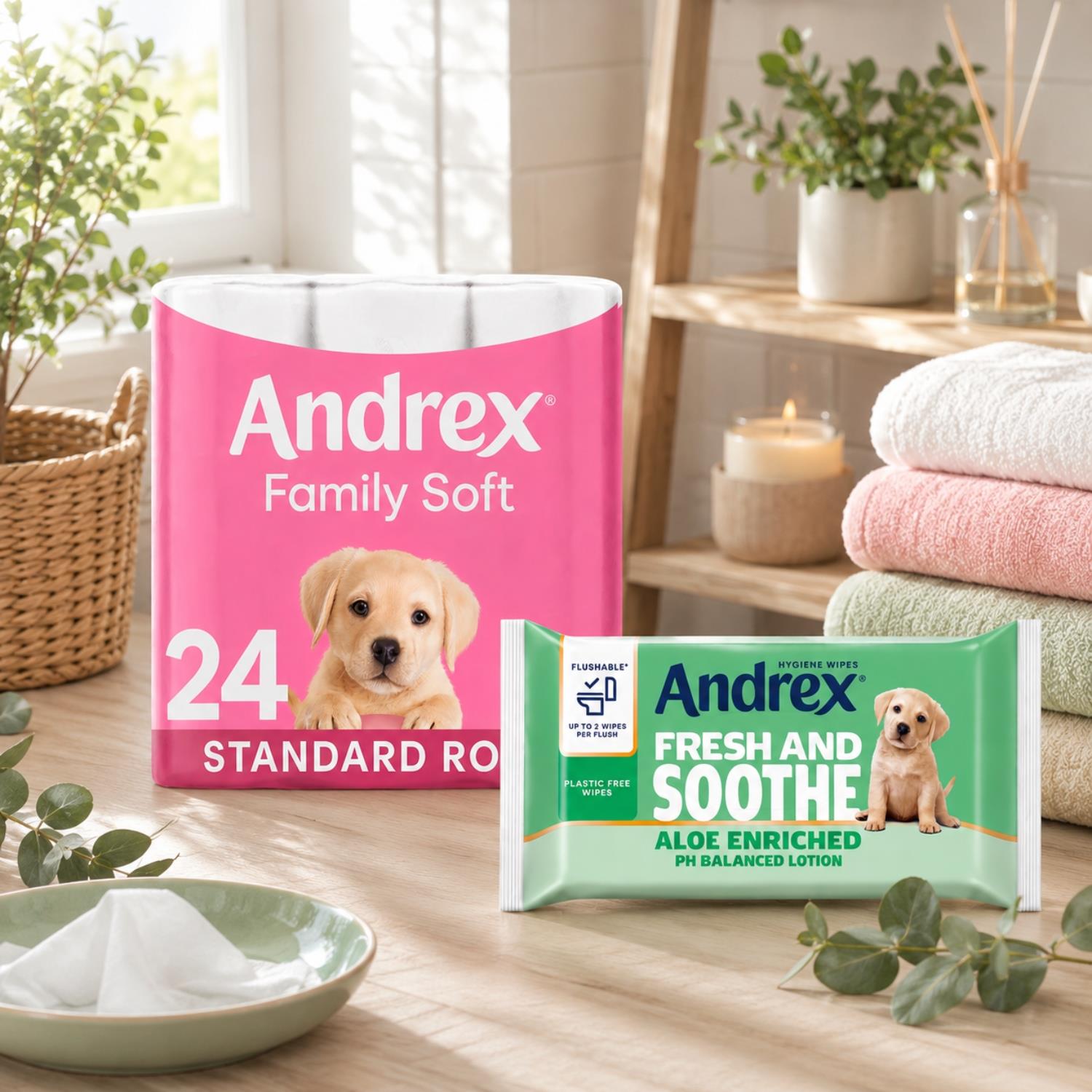 Andrex Gentle 2-ply Toilet Paper 24 Rolls + Ultra Care Washlets 12 Pack