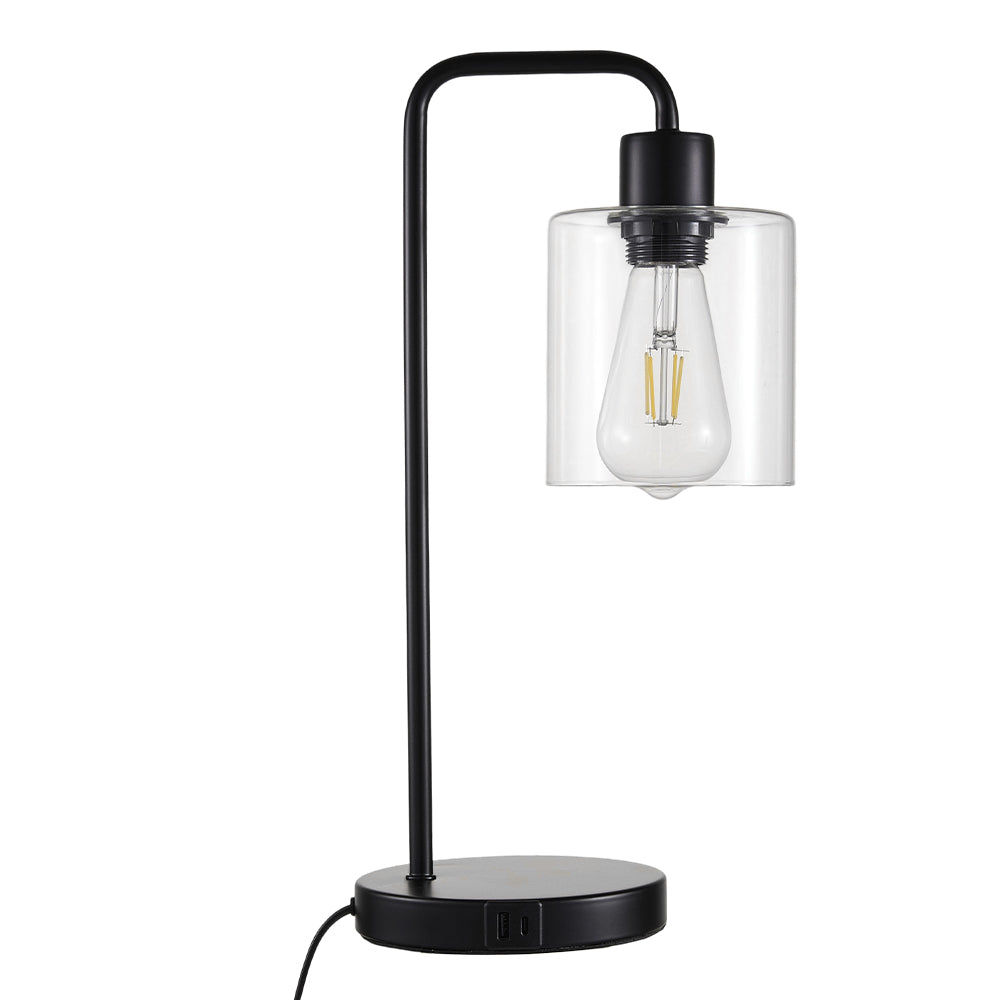 Black Iron Table Lamp With Clear Glass Shade – Touch Control, 3 Brightness Levels & Usb/type-c Charging Ports