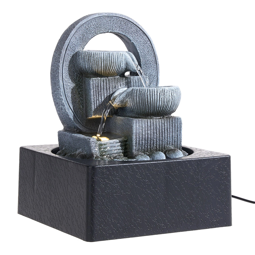 Tabletop Waterfall Fountain With Circular Frame And Tiered Bowls For Meditation Decor