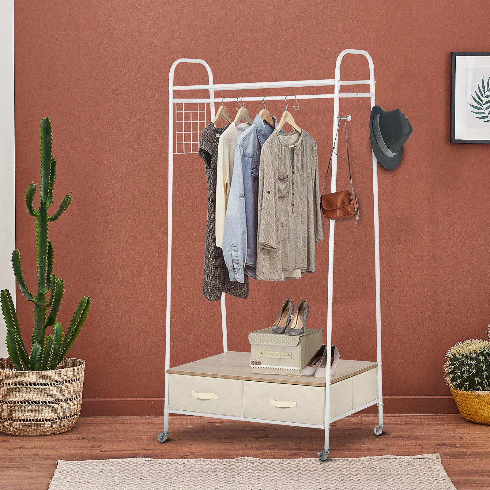 Rolling Coat Rack Clothes Stand Garment Storage Shelf