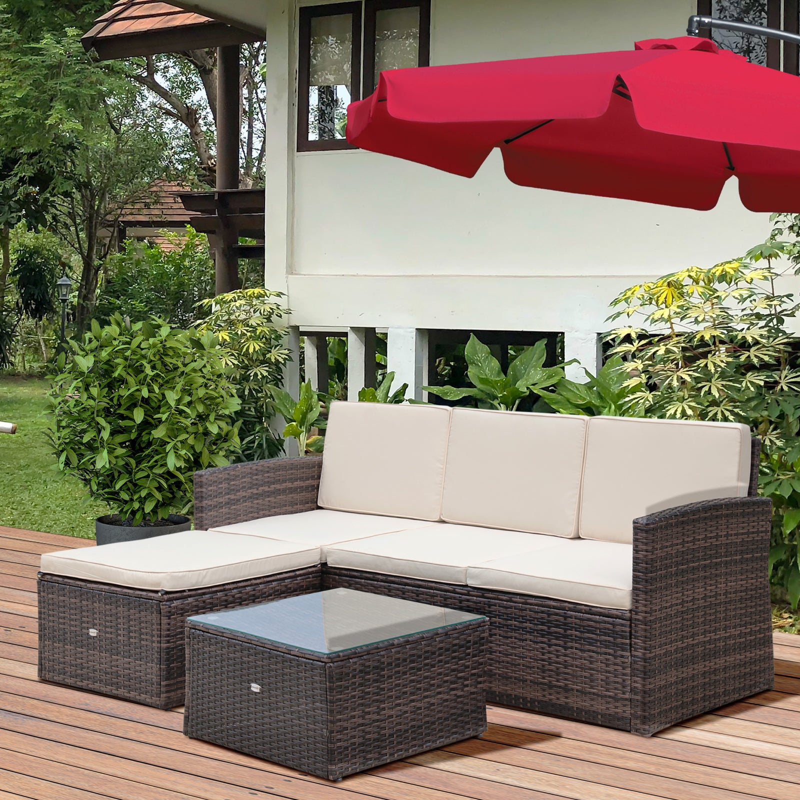 3pc Pe Rattan Wicker Set 3-seater Sofa Footstool Table