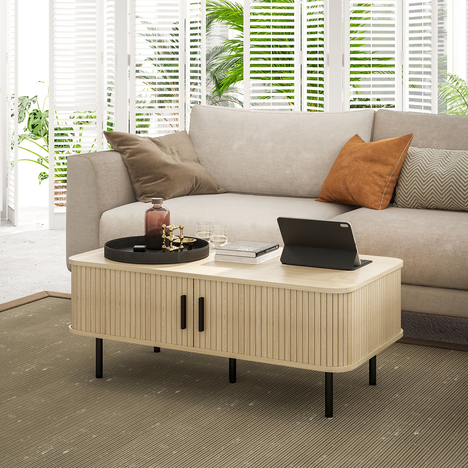 Coffee Table With Storage And Sliding Doors For Living Room