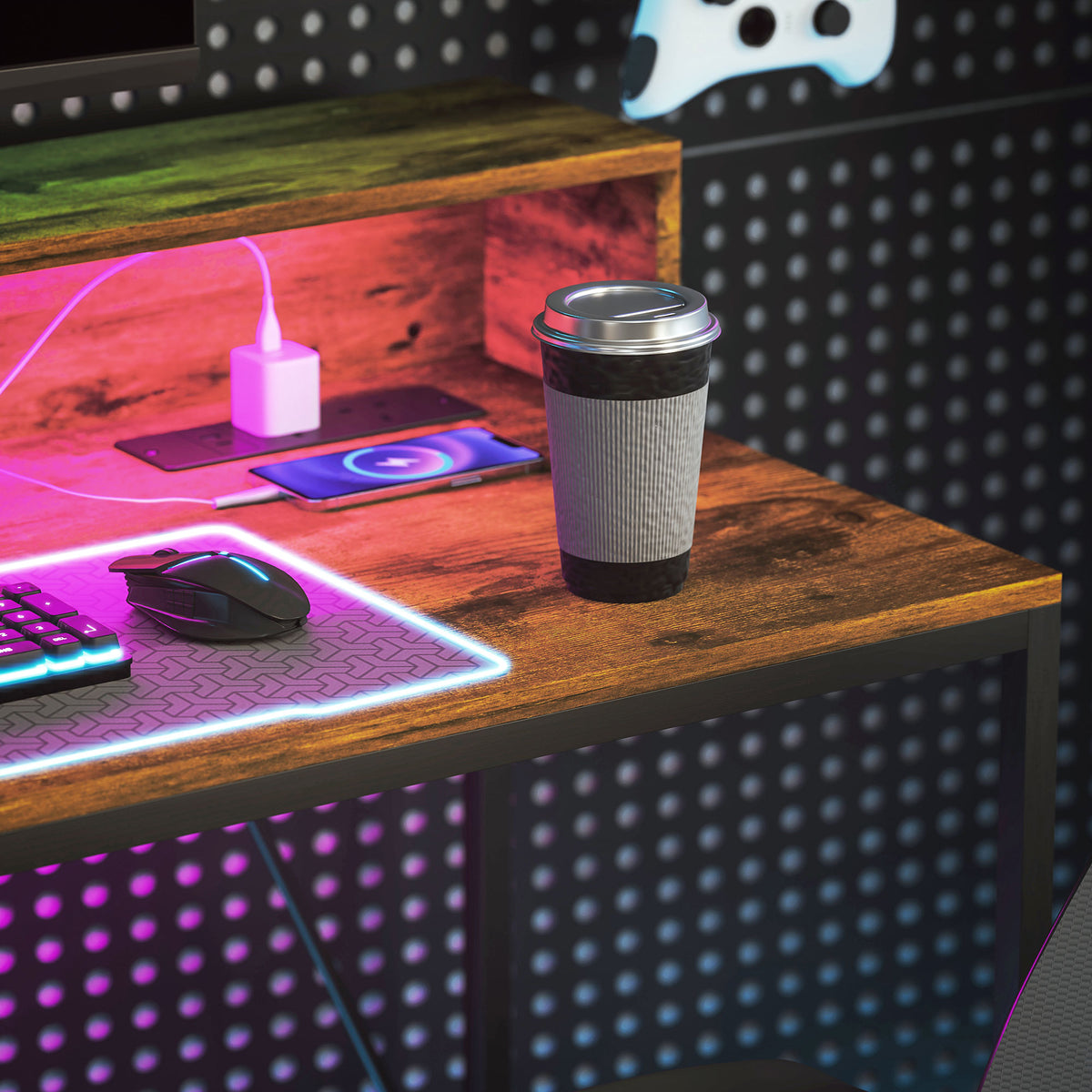HOMCOM Computer Table With Led Lights, Gaming Desk With Shelf, Rustic Brown