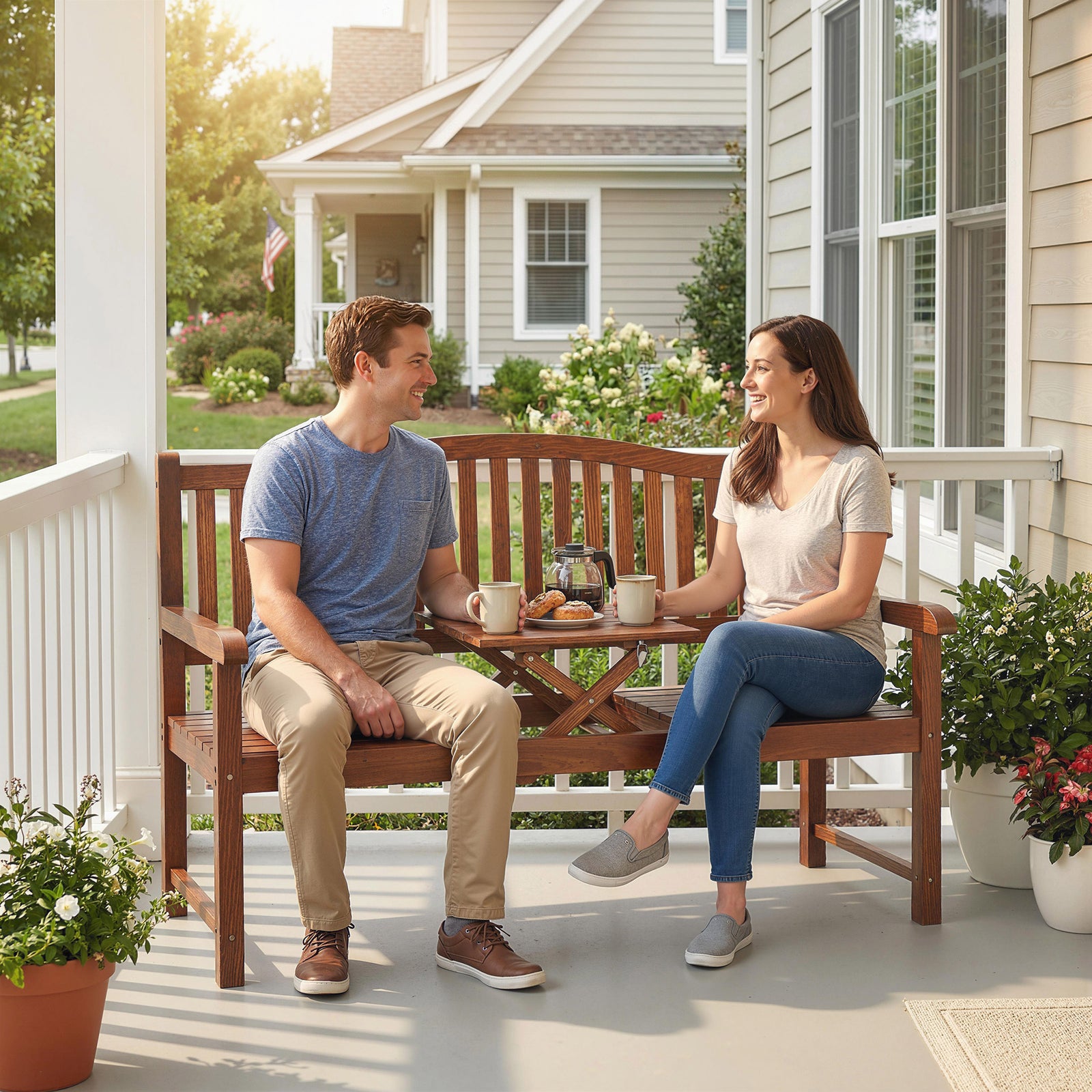 Outsunny Wood Garden Loveseat Bench With Liftable Table, Cover, Light Brown