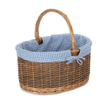 Blue Checked Lined Country Oval Wicker Shopping Basket | Small | Blue