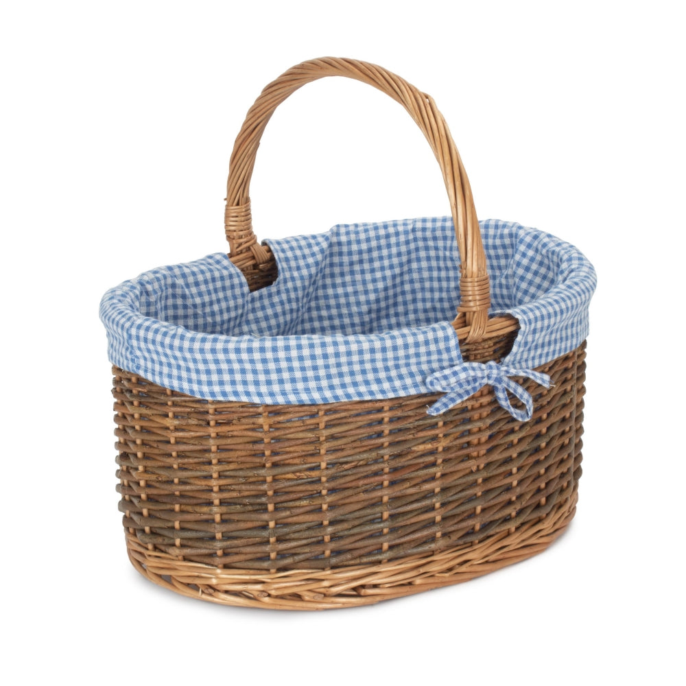 Blue Checked Lined Country Oval Wicker Shopping Basket | Small | Blue