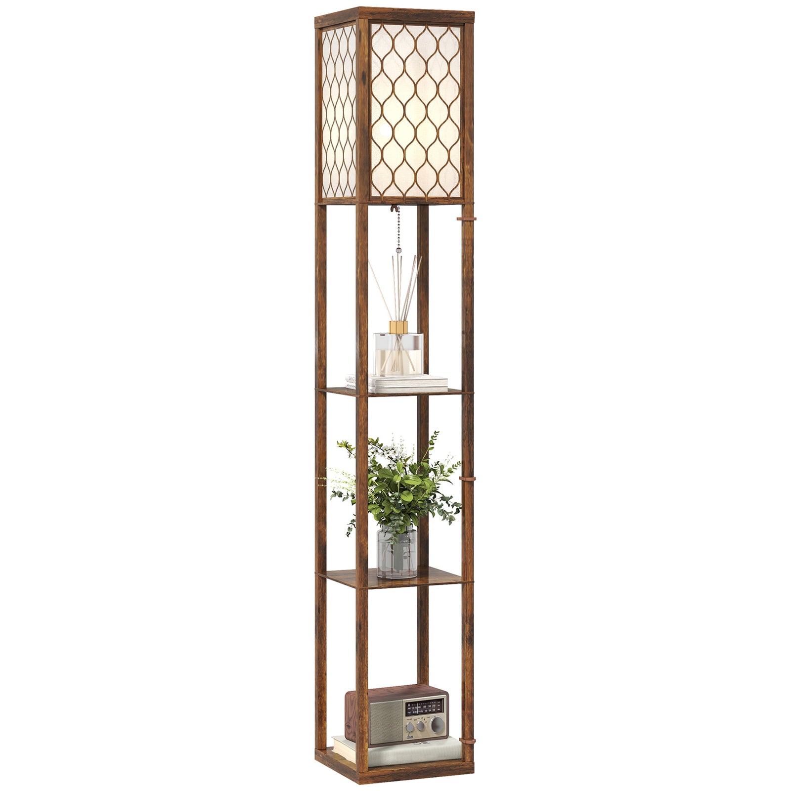 HOMCOM Modern Floor Lamp Light With 3 Shelves Fabric Lampshade, Rustic Brown