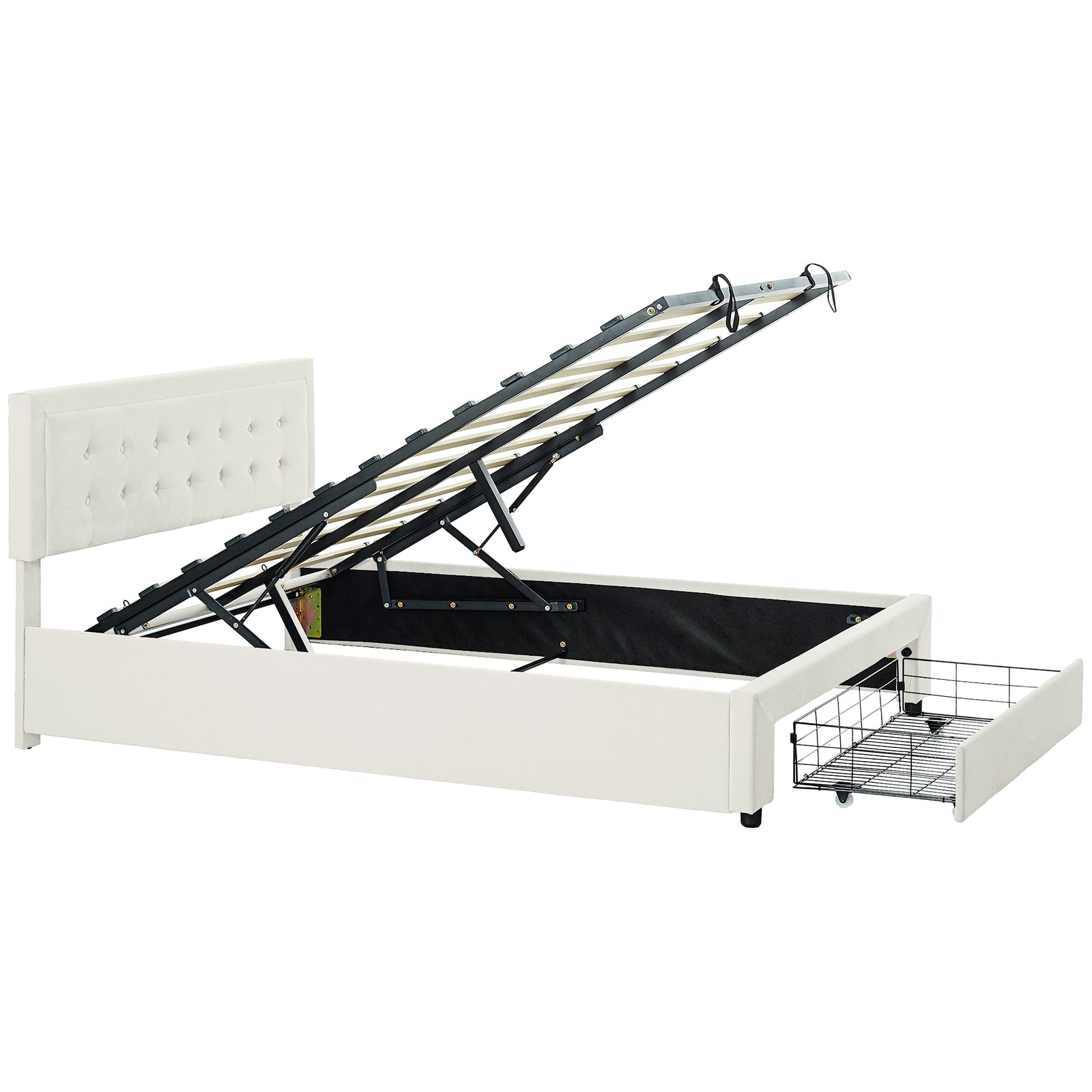 Double Bed Frame With Storage And Adjustable Velvet Headboard | Cream