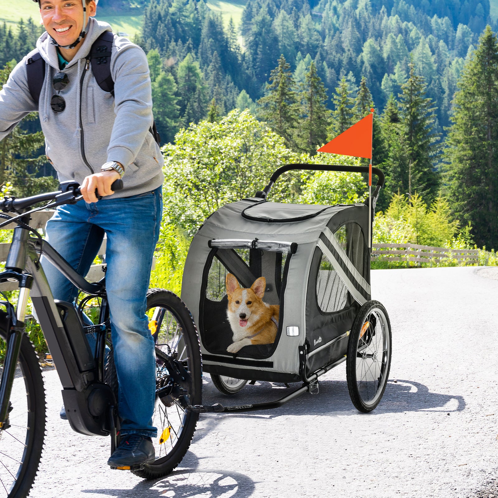 Pawhut 2-in-1 Dog Bike Trailer Stroller W/ Universal Wheel Reflector Flag | Gray