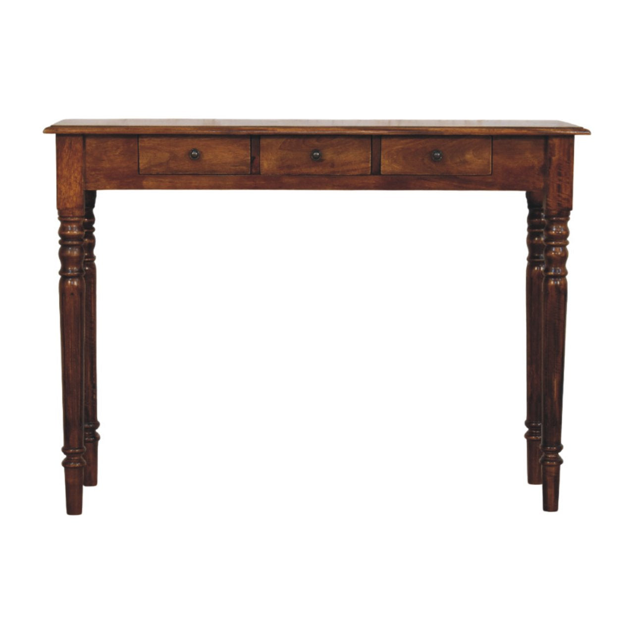 Solid Wood Turned Legs Chestnut Console, 3 Drawers, Dark Brown