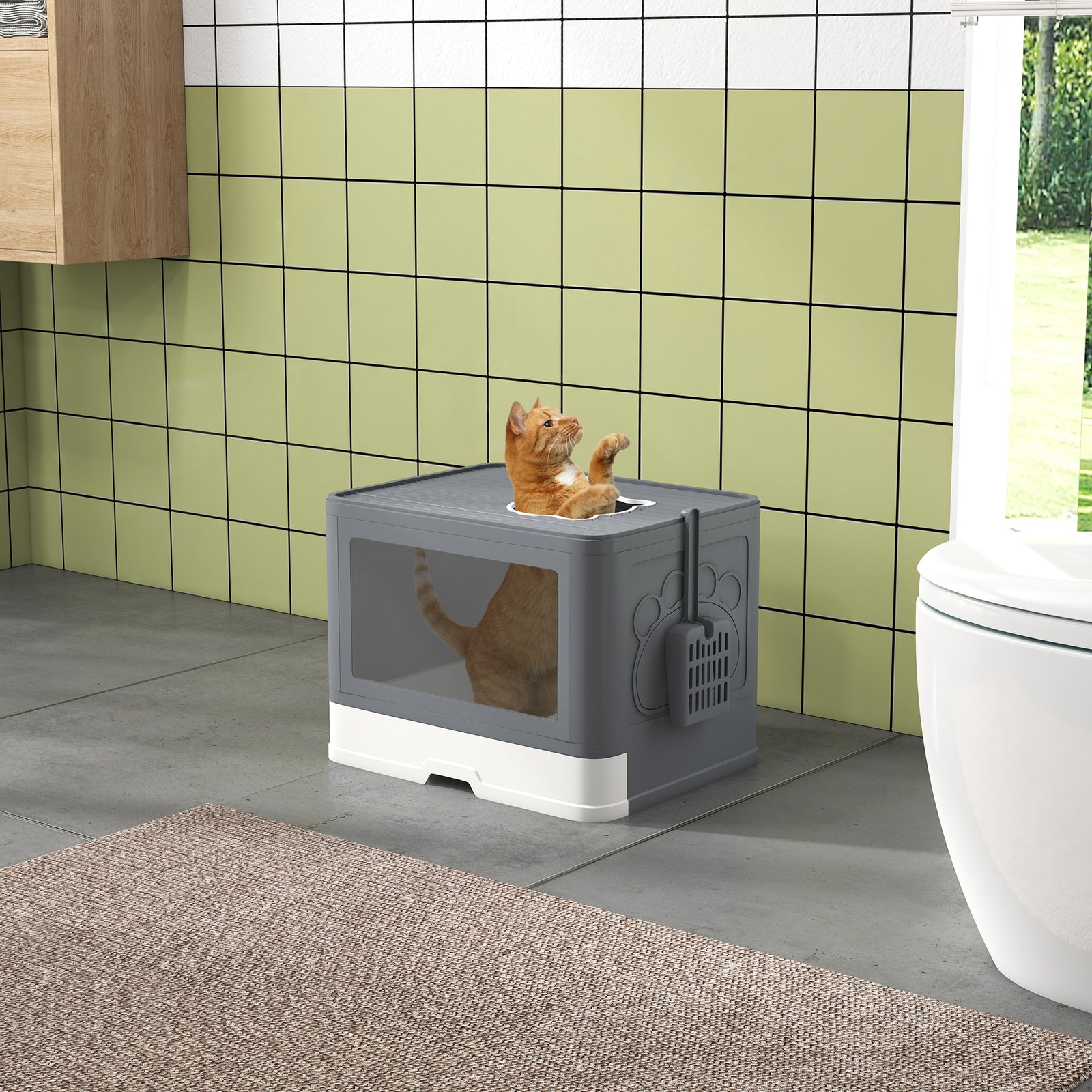 Cat Litter Tray W/ Lid, Front Entry Top Exit - Grey
