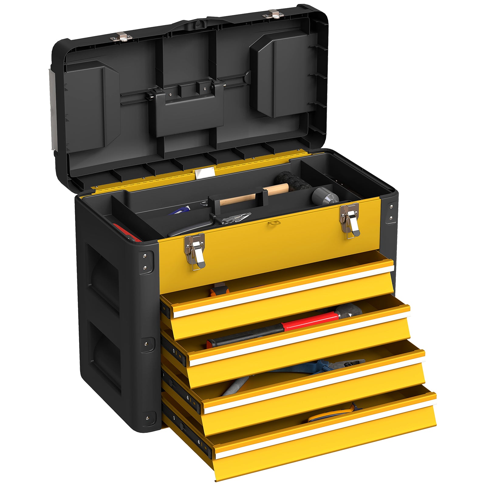 4 Drawers Large Tool Box, Steel Toolbox With Handle | Yellow