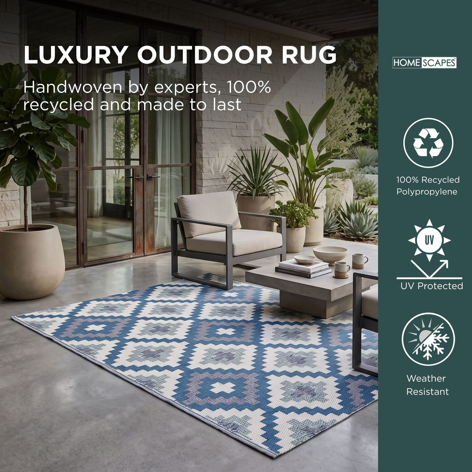 Luxury Outdoor Rug Waterproof Reversible For Garden Patio 100% Recycled, Blue Mia Aztec | 180cm x 270cm | Blue
