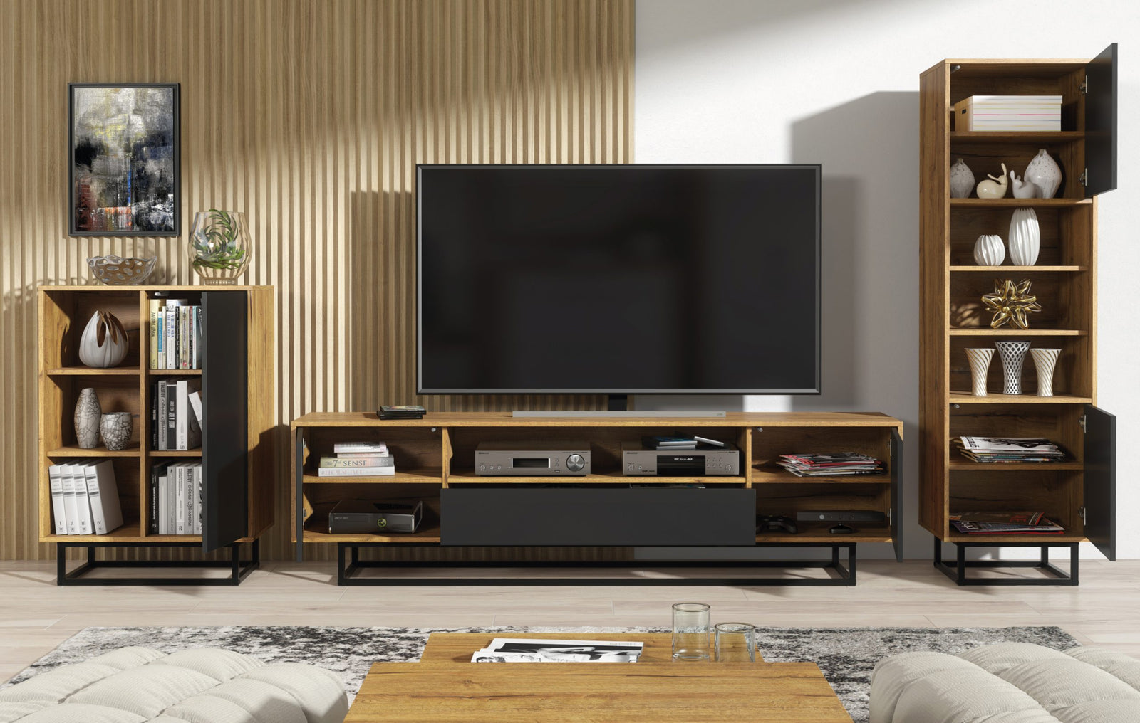 Rift Tv Unit 200cm - Oak / Rustic | Black Oak