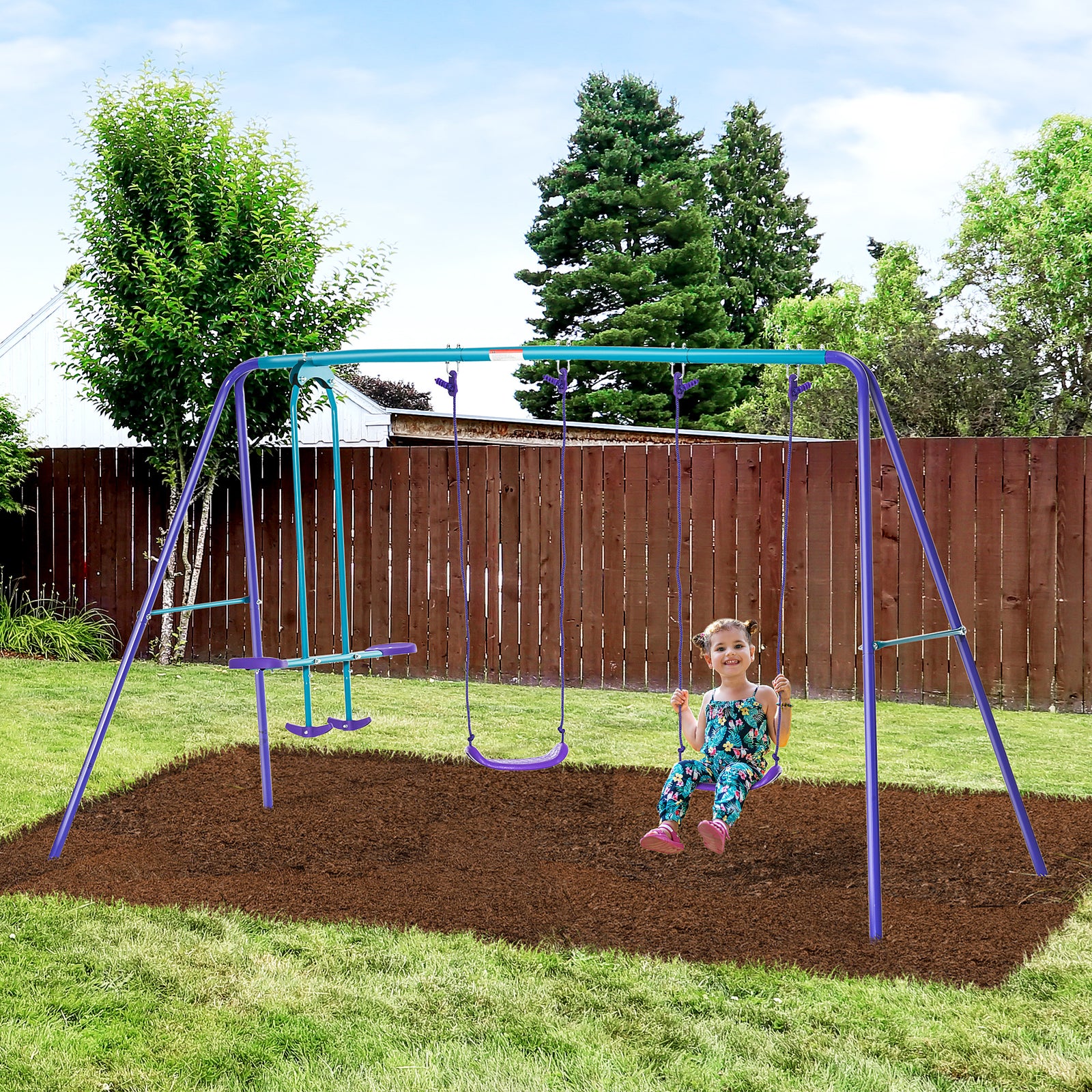 Metal 2 Swings & Seesaw Set Height Adjustable Outdoor Play Set | Purple