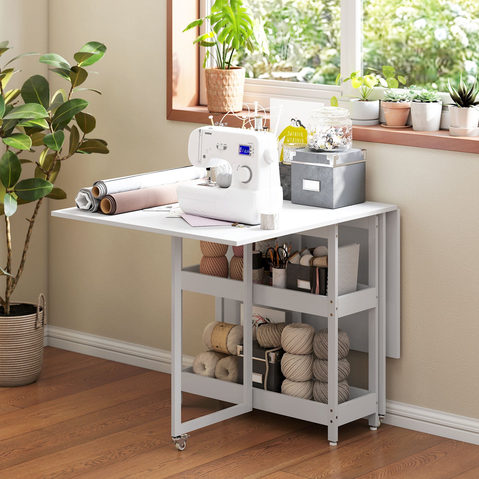 Folding Dining Table, Drop Leaf Table With Open Compartments | White