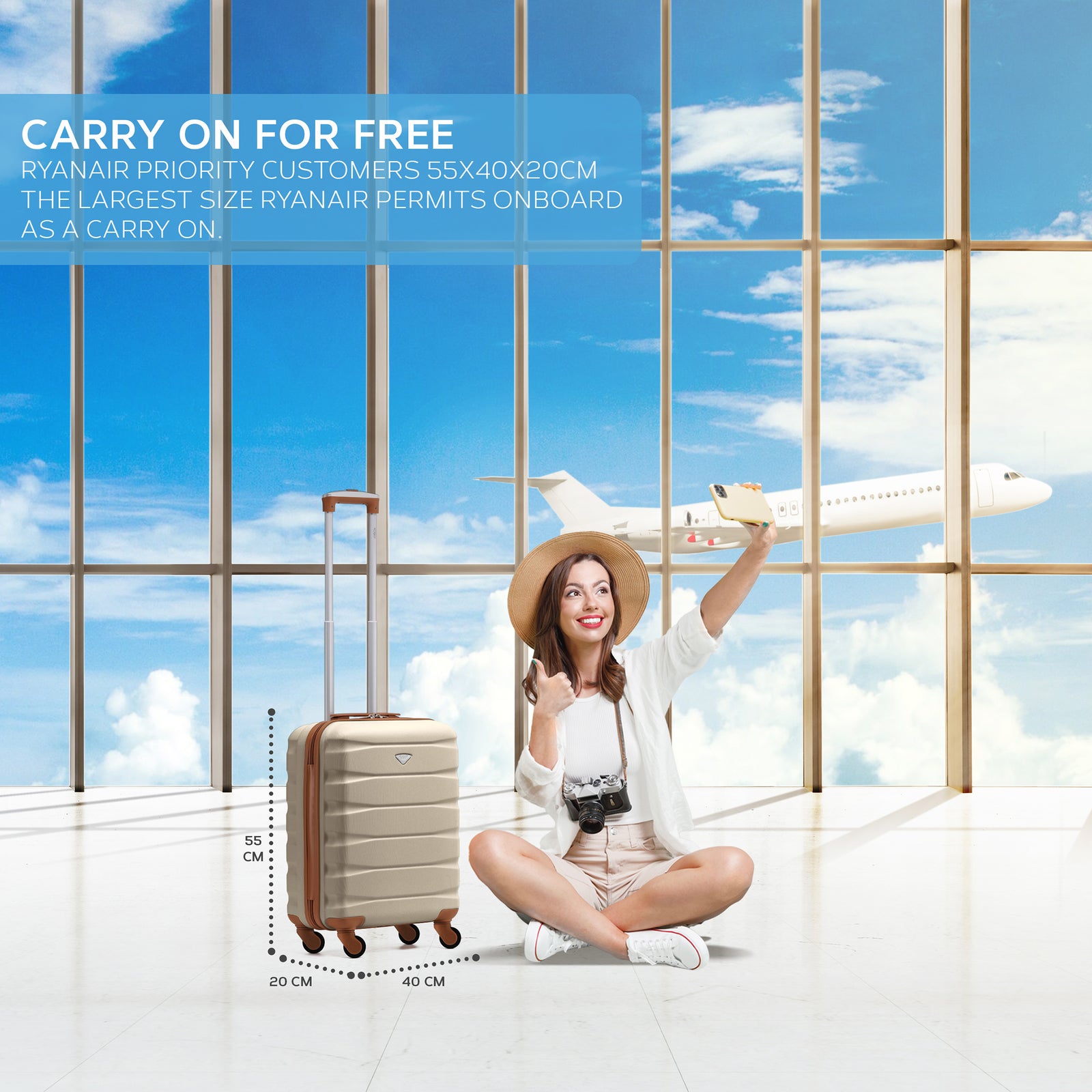 55x40x20cm Lightweight Luggage Hard Shell Cabin Suitcase 60+ Airlines Approved - Carry On Case - 4 Wheels | 55 x 40 x 20cm | Cream