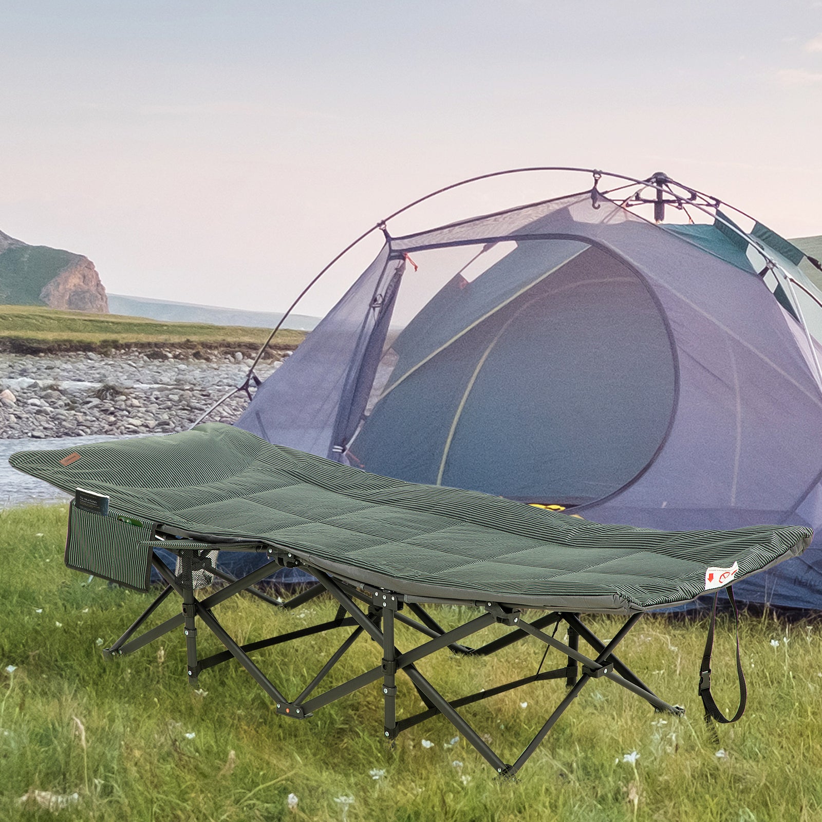 Foldable Camping Bed W/ Padding, Bag, Cup Holder
