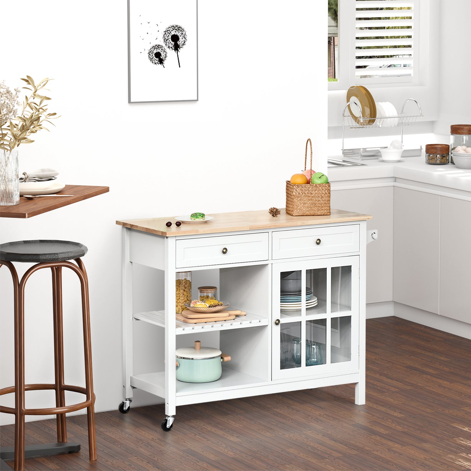 HOMCOM Rolling Kitchen Trolley With Rubber Wood Top
