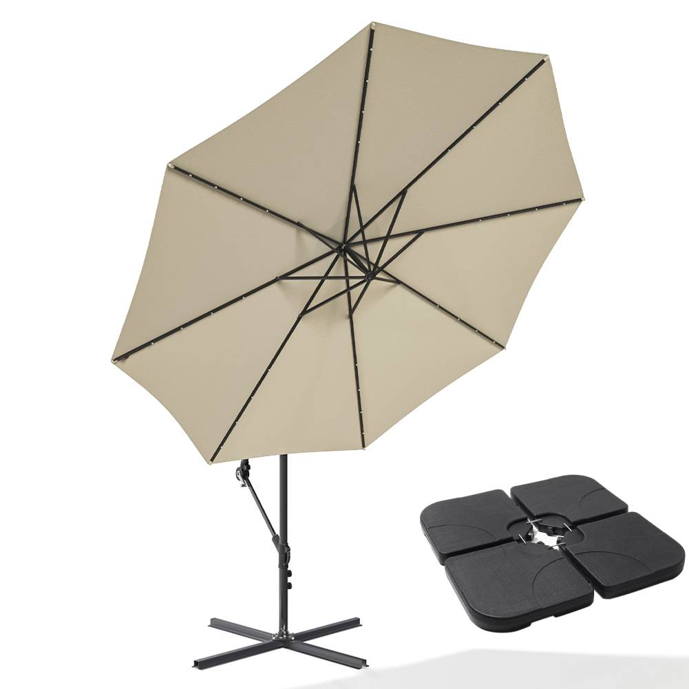 3 M Banana Patio Umbrella Cantilever Garden Parasol With Solar-powered 32 Led Lights, Crank For Opening Closing With Cross Base & Large Fillable Base | One Size | Beige