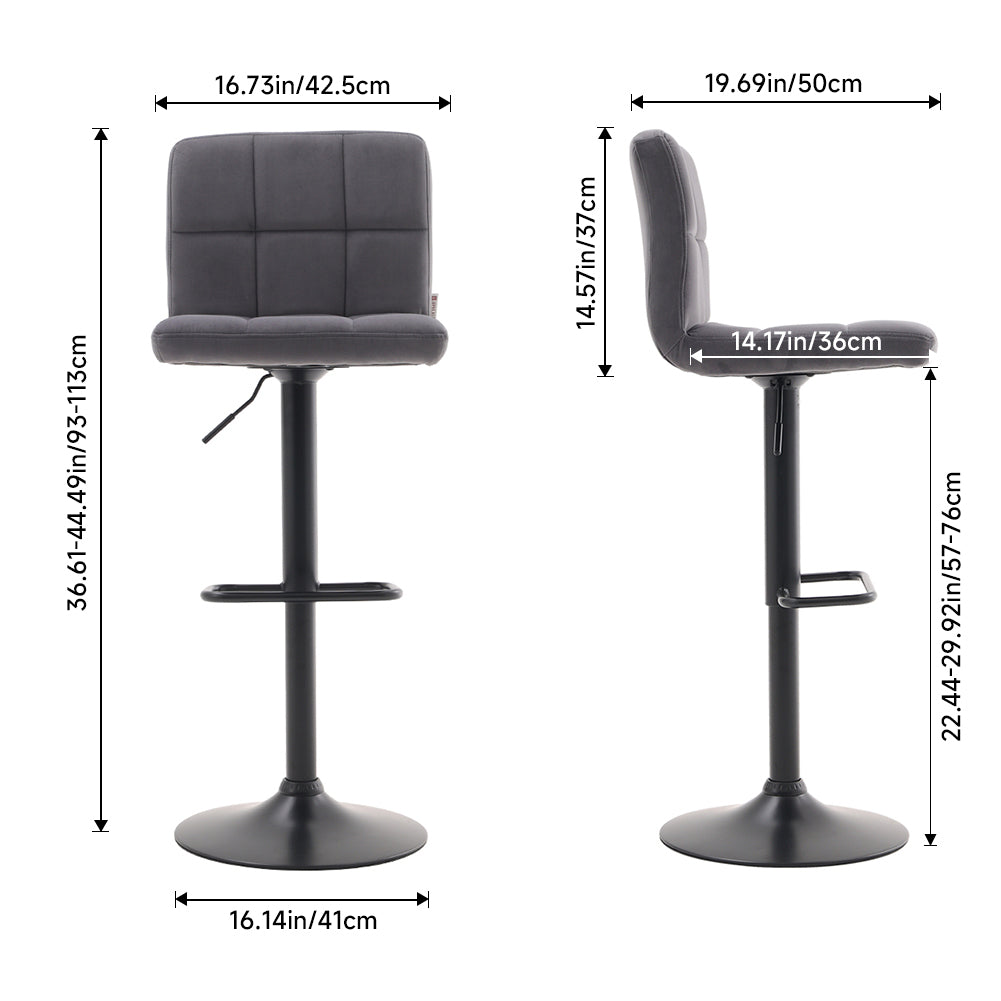 Set Of 2 Height Adjustable Velvet Upholstered Bar Stools With Metal Base | Grey