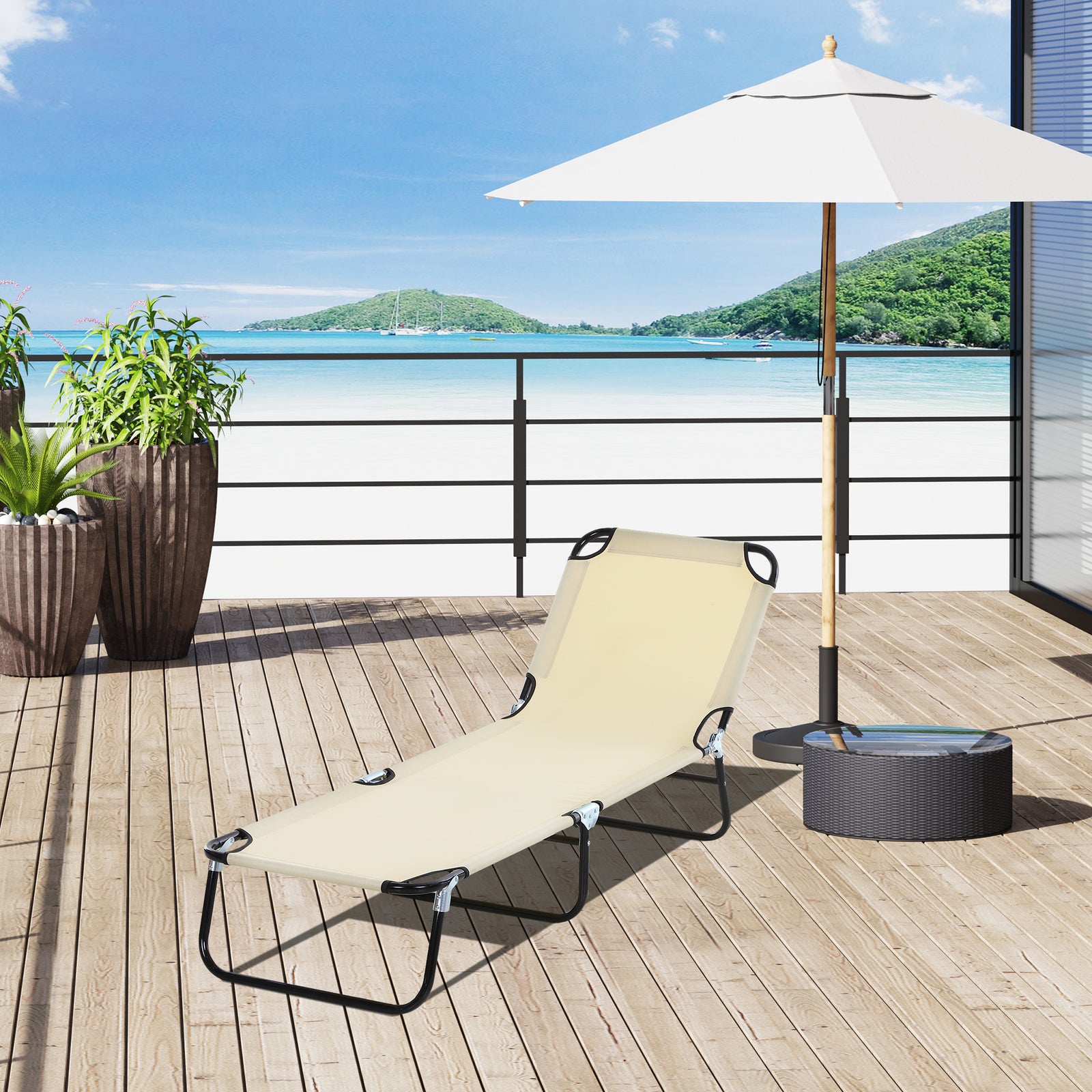 Portable Folding Lounger W/ Adjustable Back | Set-of-1 | Beige