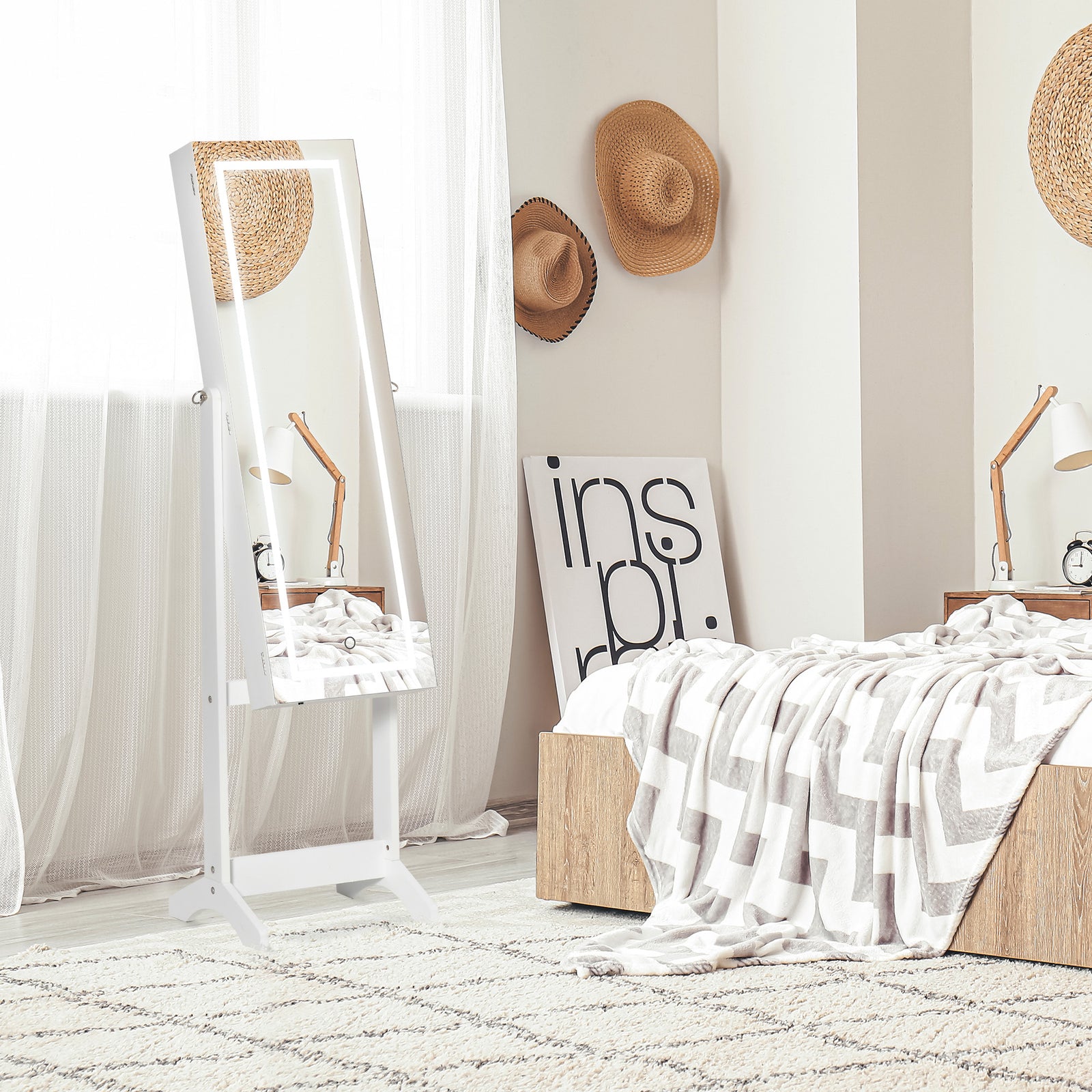 Mirrored Jewellery Cabinet W/ Led Lockable Jewellery Armoire | One Size | White