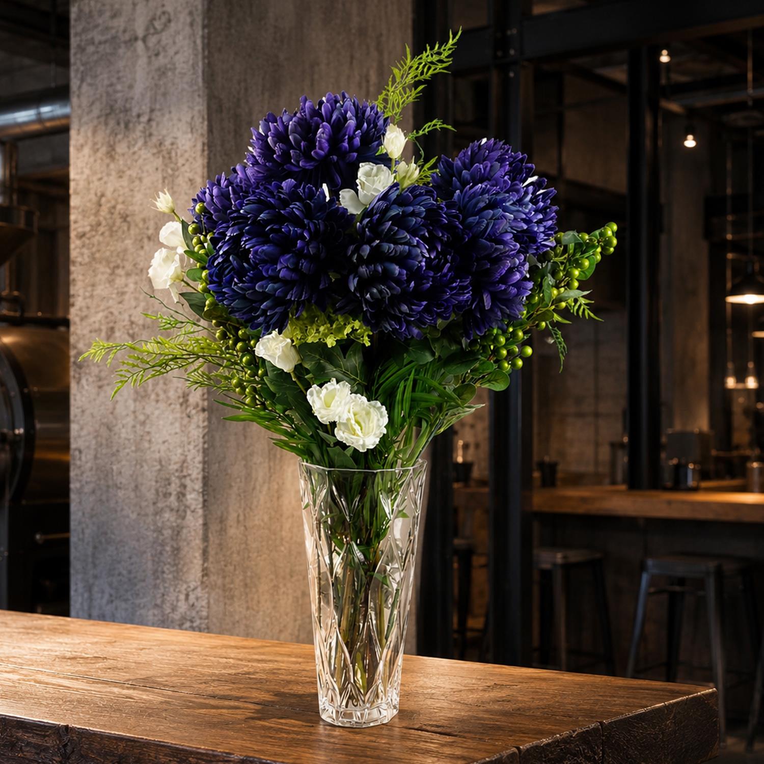 90cm Artificial Purple Chrysanthemum And Ferns Glass Vase