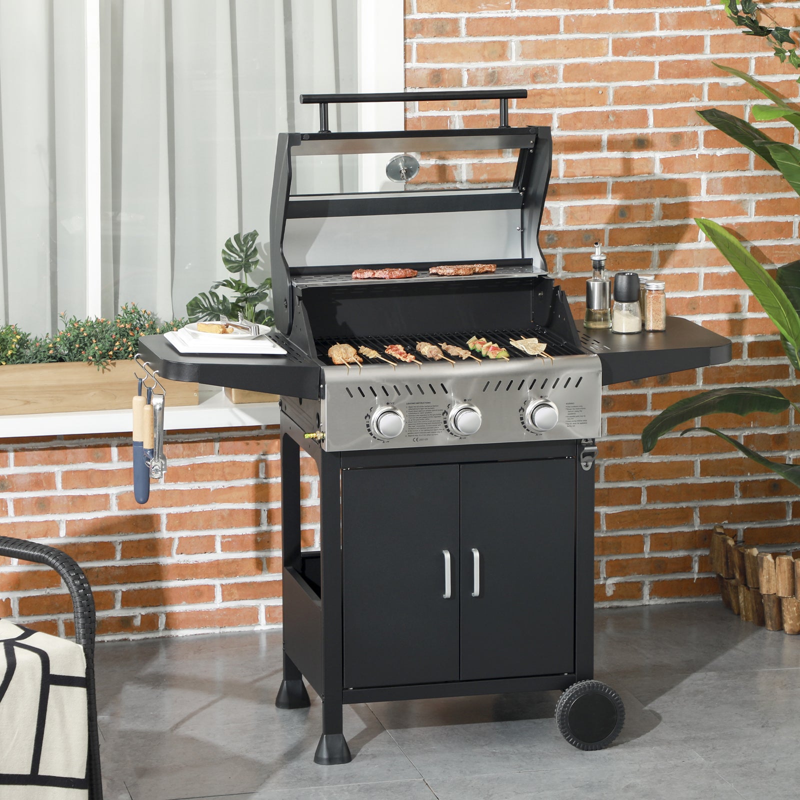 3 Burner Gas Bbq, Trolley, 9kw, Black | Black