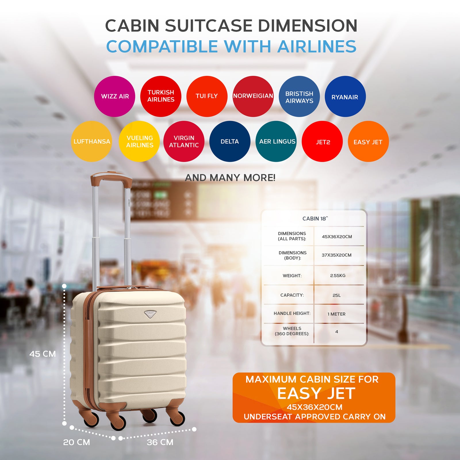 45x36x20cm Lightweight Underseat Cabin Carry On Suitcase - 100+ Airline Approved - Hard Shell Luggage - 4 Wheels | 45 x 36 x 20cm | Cream