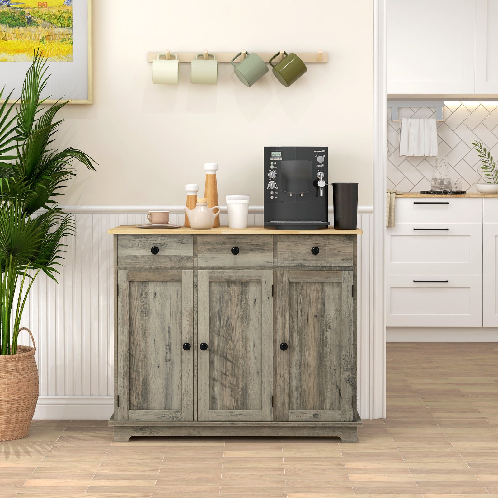 Sideboard Buffet Cabinet With Rubber Wood Top And Drawers | Grey