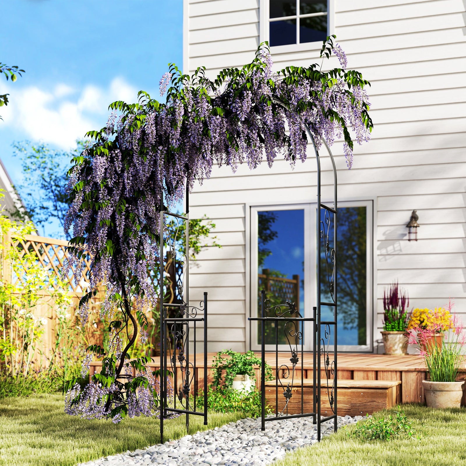 Outsunny 2.17m Steel Garden Arch With Double Gate, Garden Arbor Trellis, Black