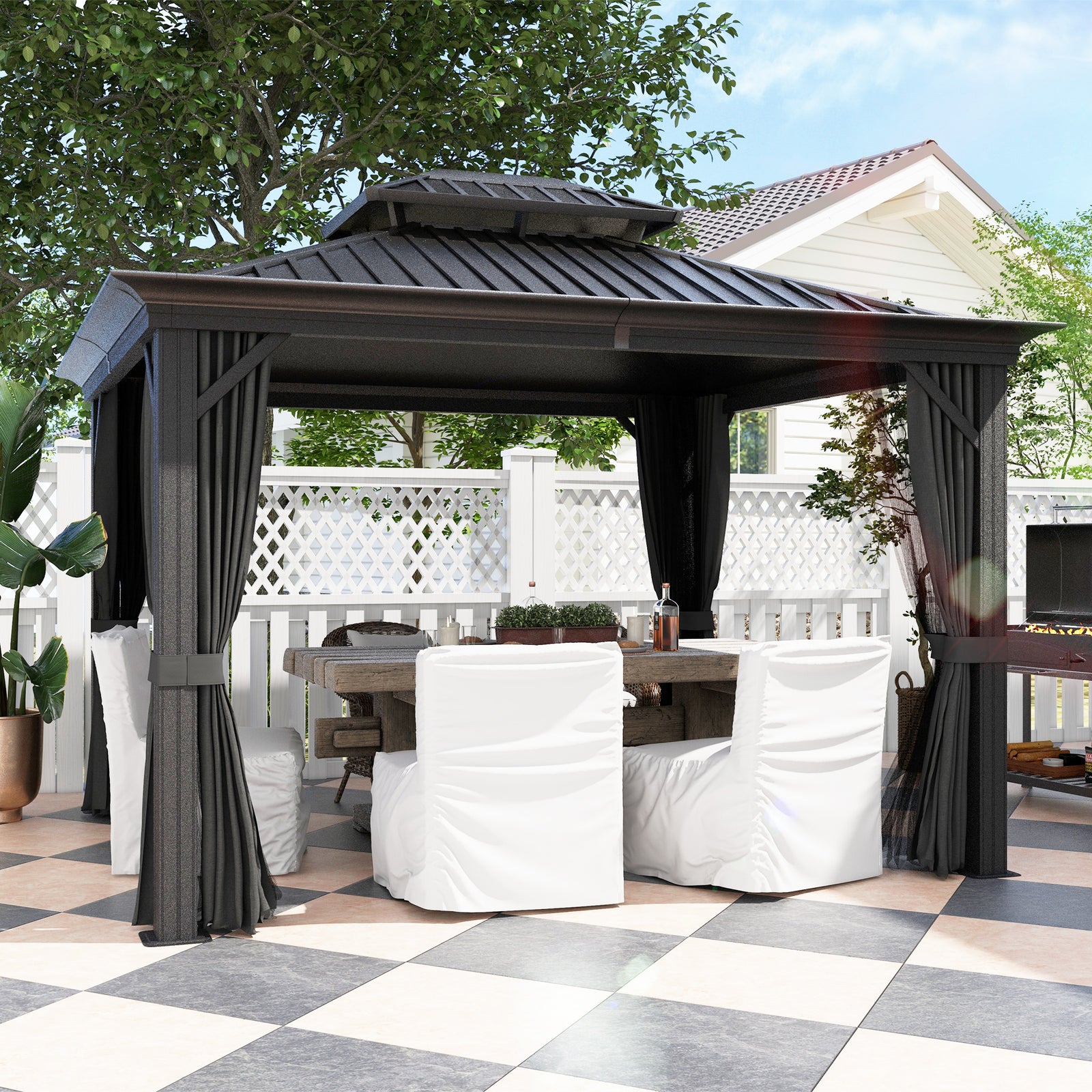 3 X 3.7m Aluminium Outdoor Hardtop Gazebo Canopy 2-tier Roof | Dark Gray