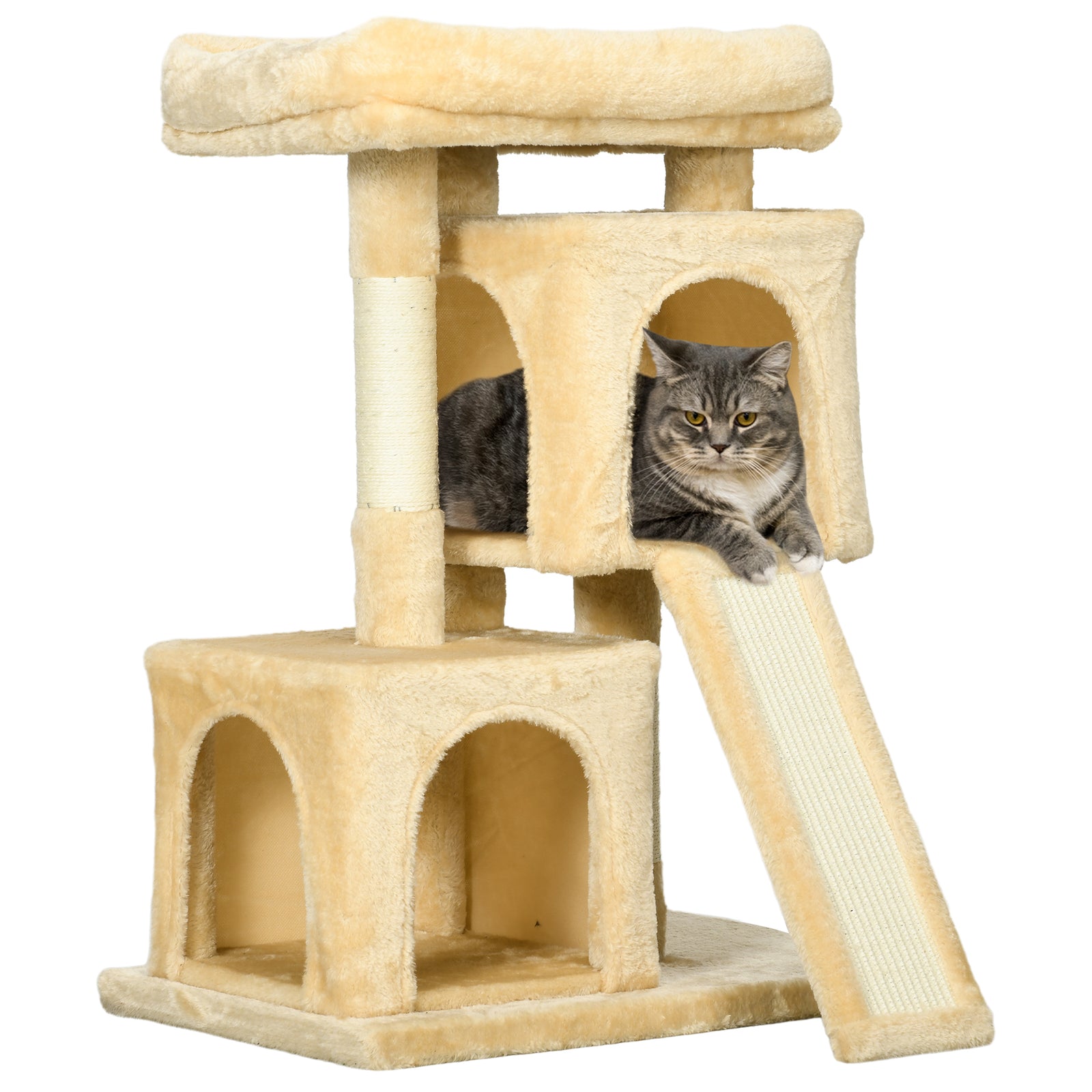 Cat Rest & Play Activity Tree W/ 2 House Perch Scratching Post | Cream