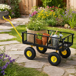 Heavy Duty Garden Trolley Cart On Wheels, 500 Lbs Capacity Large Metal Utility Wagon With Removable Sides, Pneumatic Tires | Black
