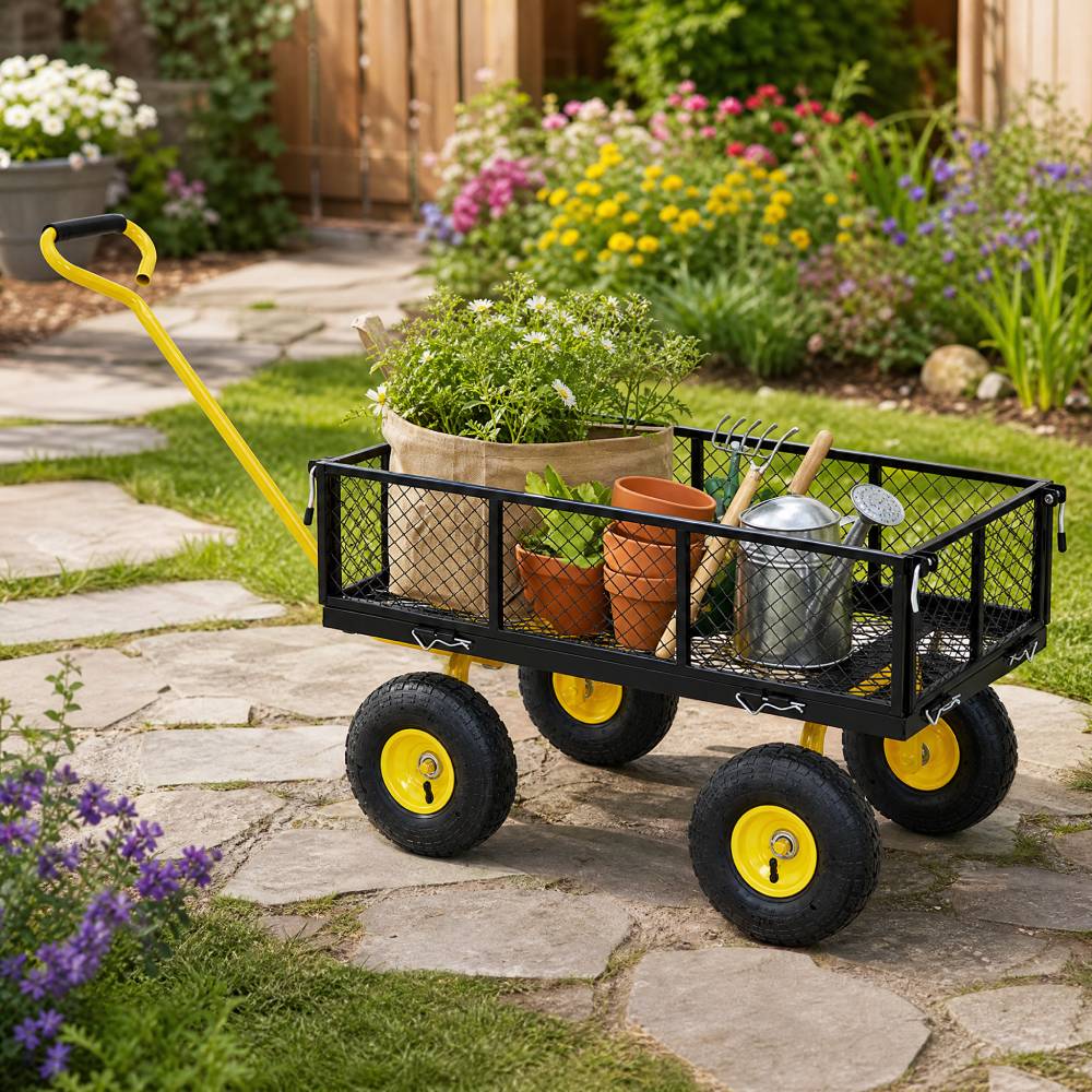 Heavy Duty Garden Trolley Cart On Wheels, 500 Lbs Capacity Large Metal Utility Wagon With Removable Sides, Pneumatic Tires | Black