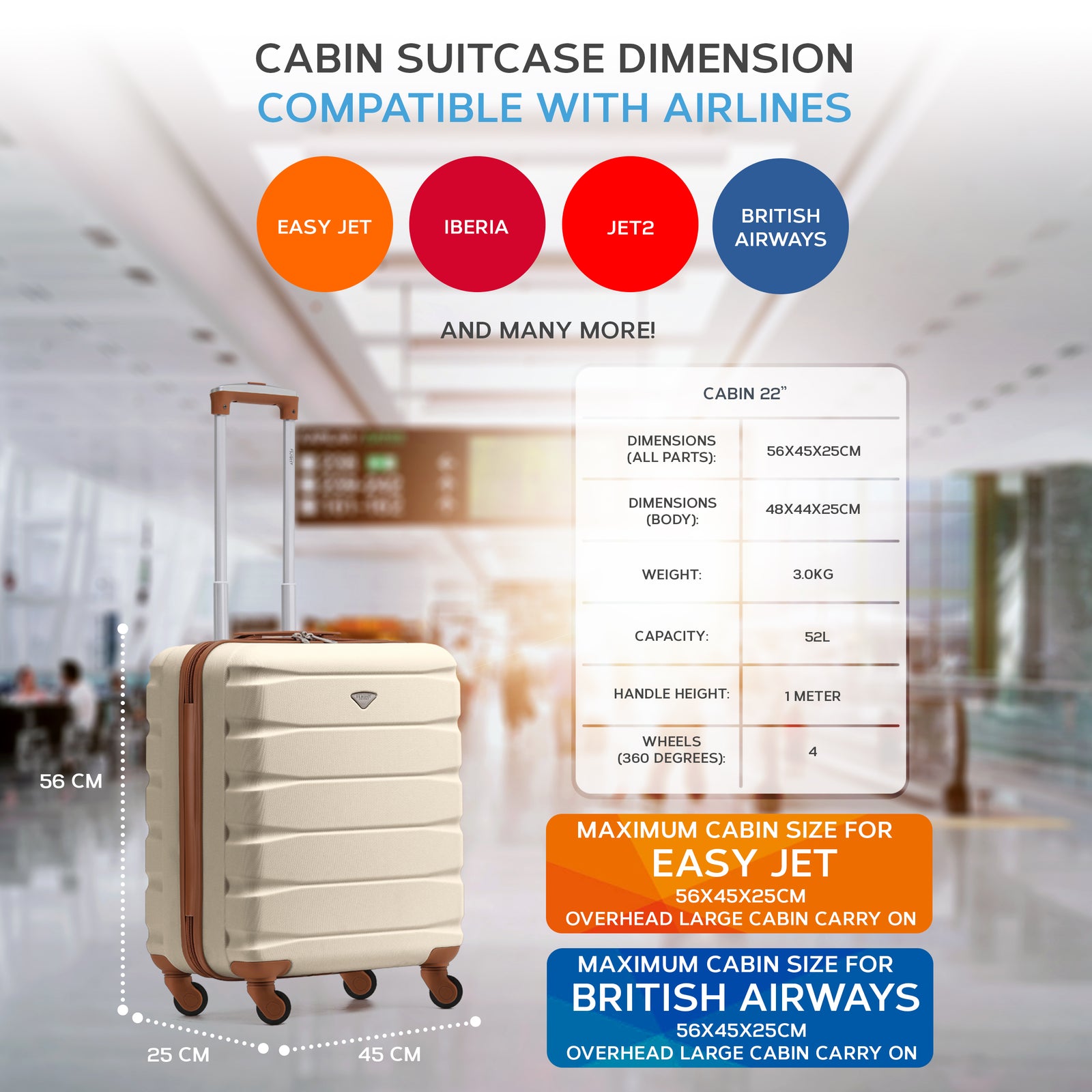 56x45x25cm Large Cabin Carry On Case - Overhead Luggage Suitcase - 4 Spinner Wheels - Abs Shell | 56 x 45 x 25cm | Cream